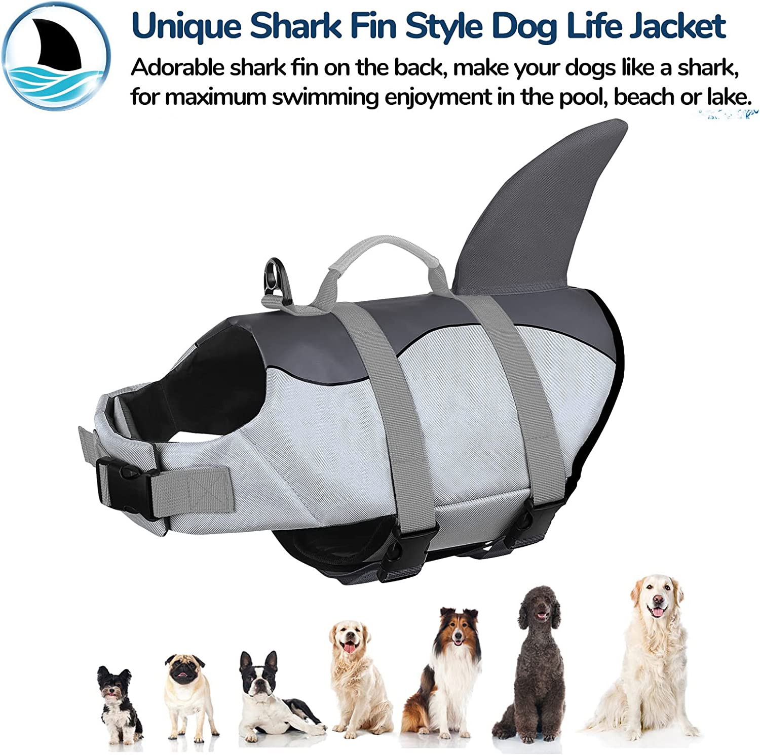 Dog Life Jacket， Ripstop Dog Safety Shark Vest with Adjustable Preserver and Durable Rescue Handle for Small，Medium and Large Dogs