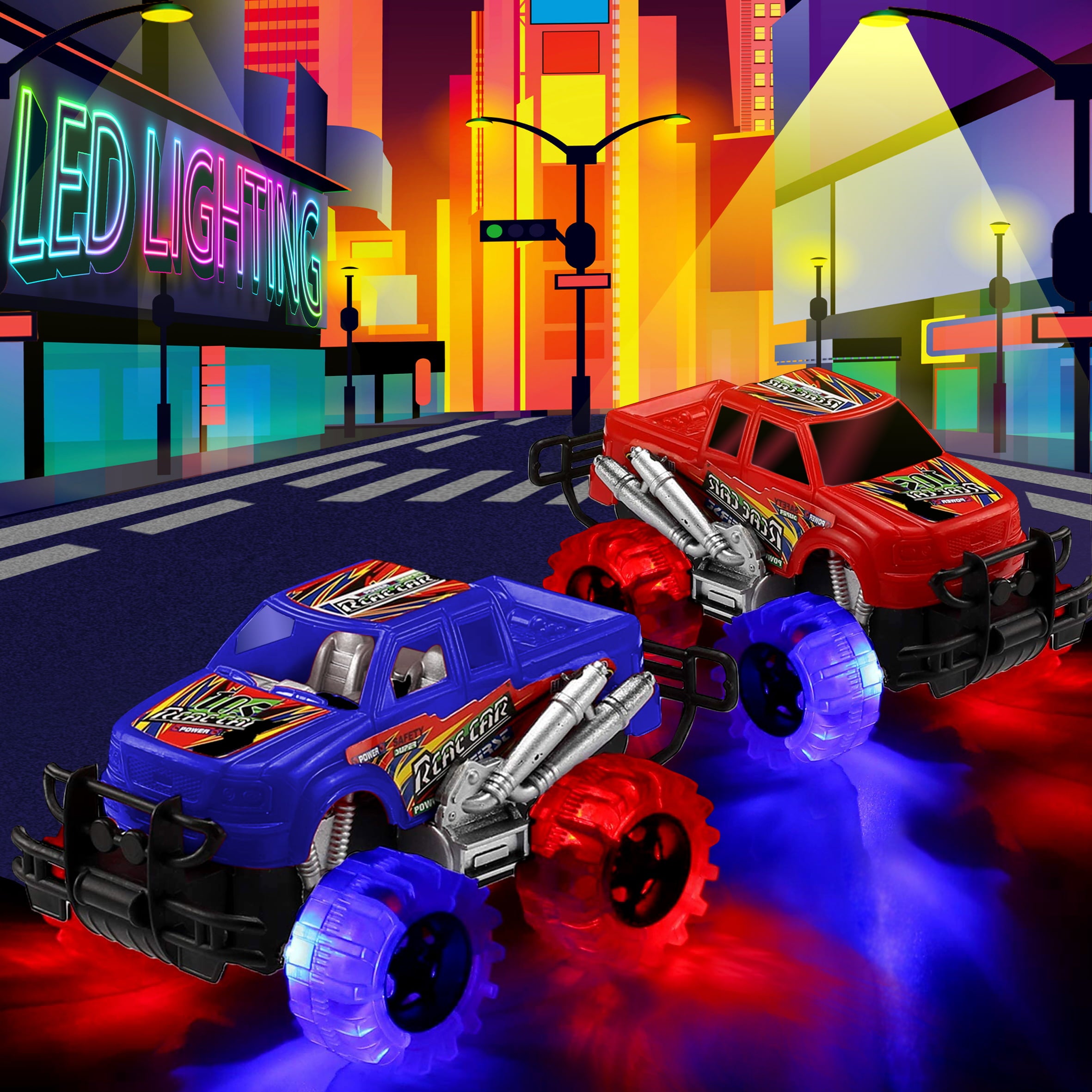 JoyX 2 Pack Light Up Monster Truck Car Toy with Beautiful Flashing LED Tires， Best Birthday Gift for Boy Girl Ages 3+， Push n Go Cars， Toy， Race Truck Car for Kid Party Favors and Daily Play