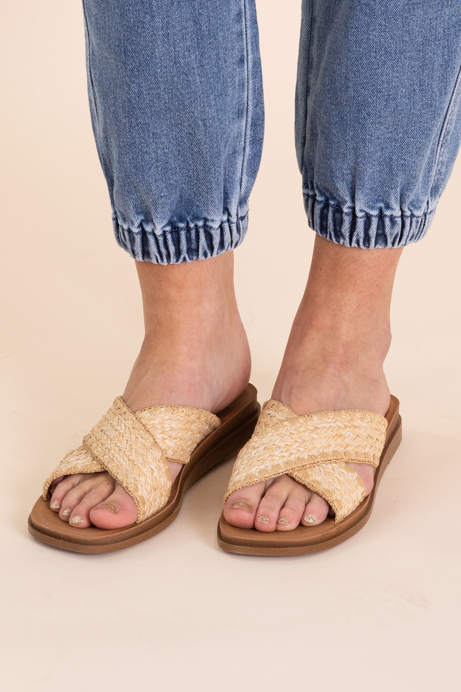 Beige Raffia Criss Cross Slip On Sandal