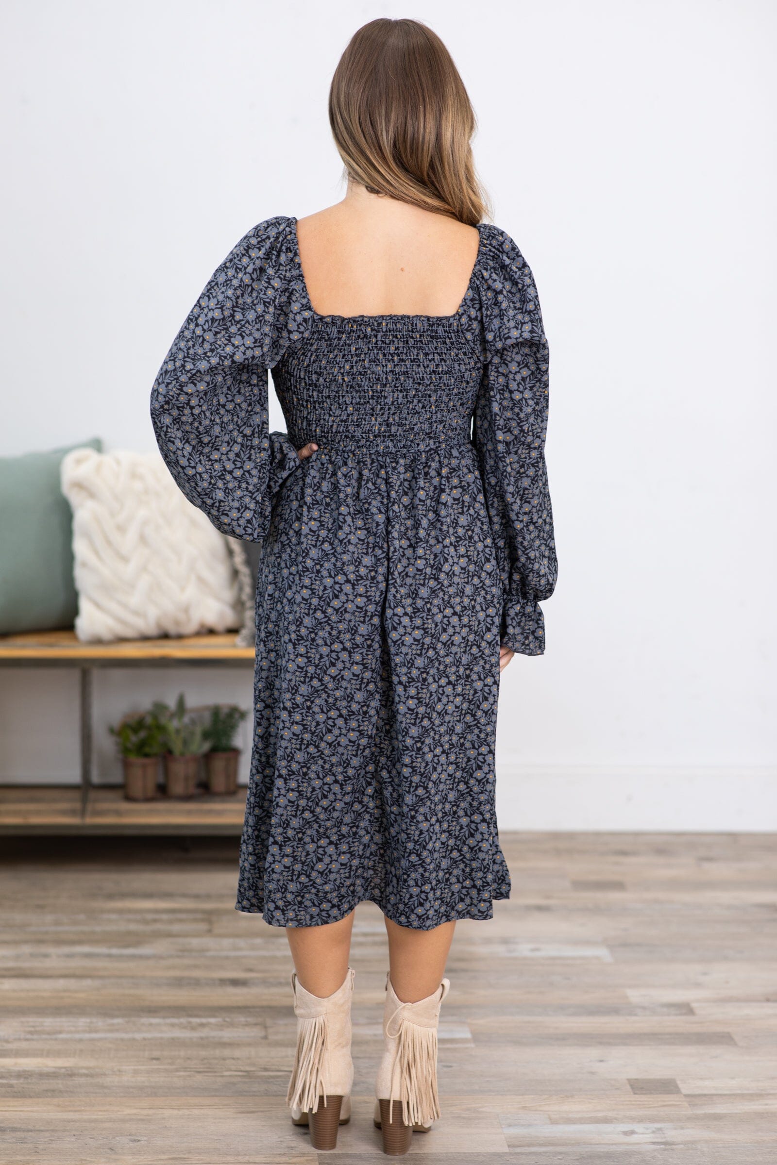 Graphite Ditsy Floral Square Neck Smocked Dress