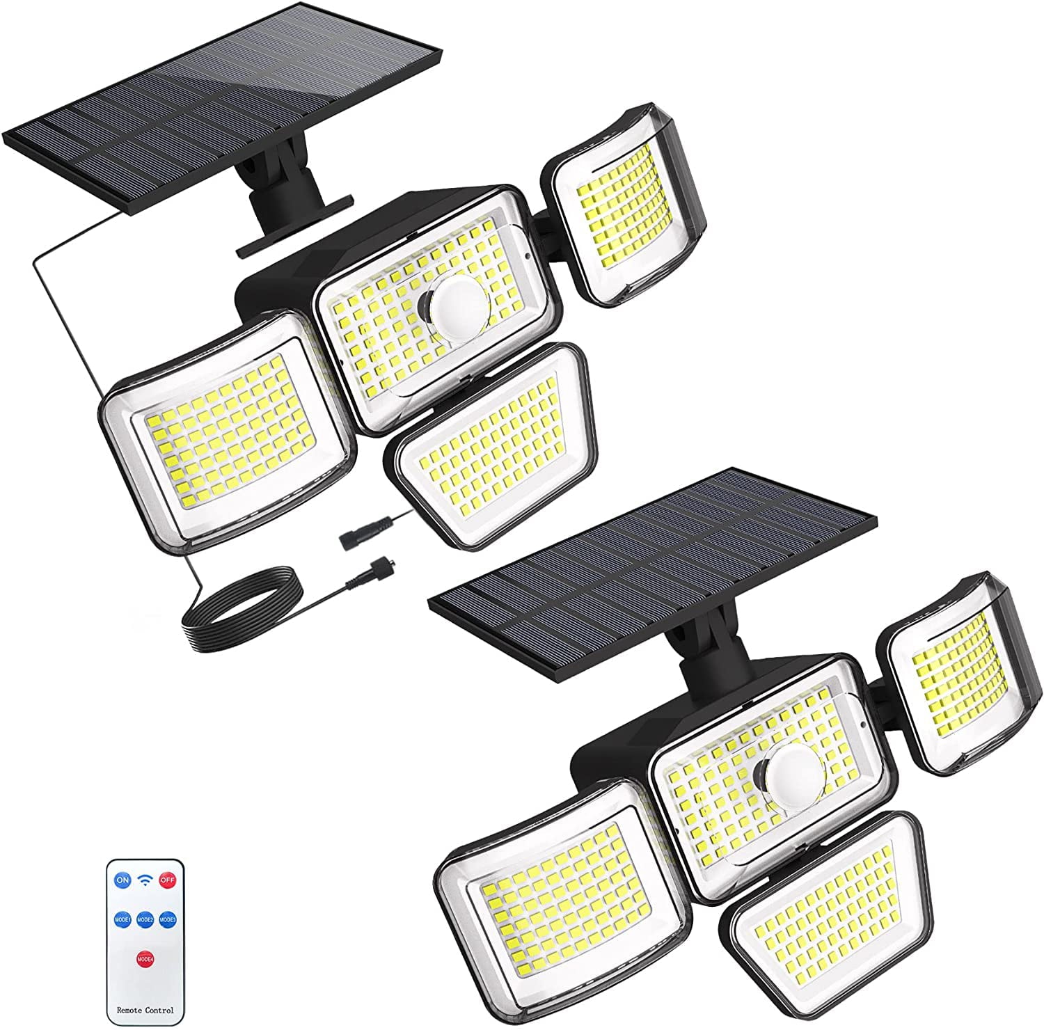 Super Bright Solar Motion Sensor Outdoor Lights Separate Solar Panel IP65 Waterproof 278 LED Beads PIR Security Flood Lights/3 Modes Remote Control/4 Heads 270° Wide Angle (2 Pack)