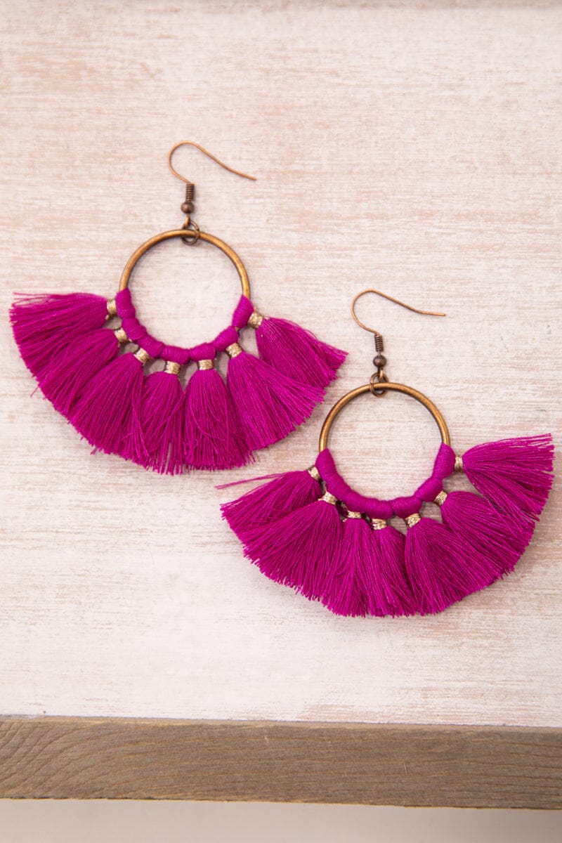 Fuchsia and Bronze Fan Tassel Earrings