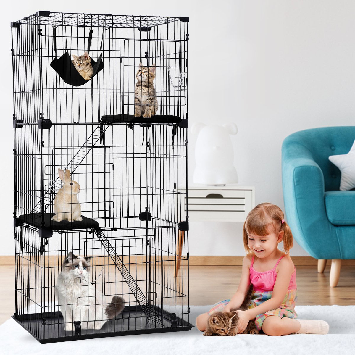 67 inch Cat Playpen Cage Cat Kennel Large Cat Cage Playpen Cat Crates for Indoor Cats with Free Hammock 3 Cat Bed 3 Front Doors 2 Ramp Ladders Perching Shelves， Black
