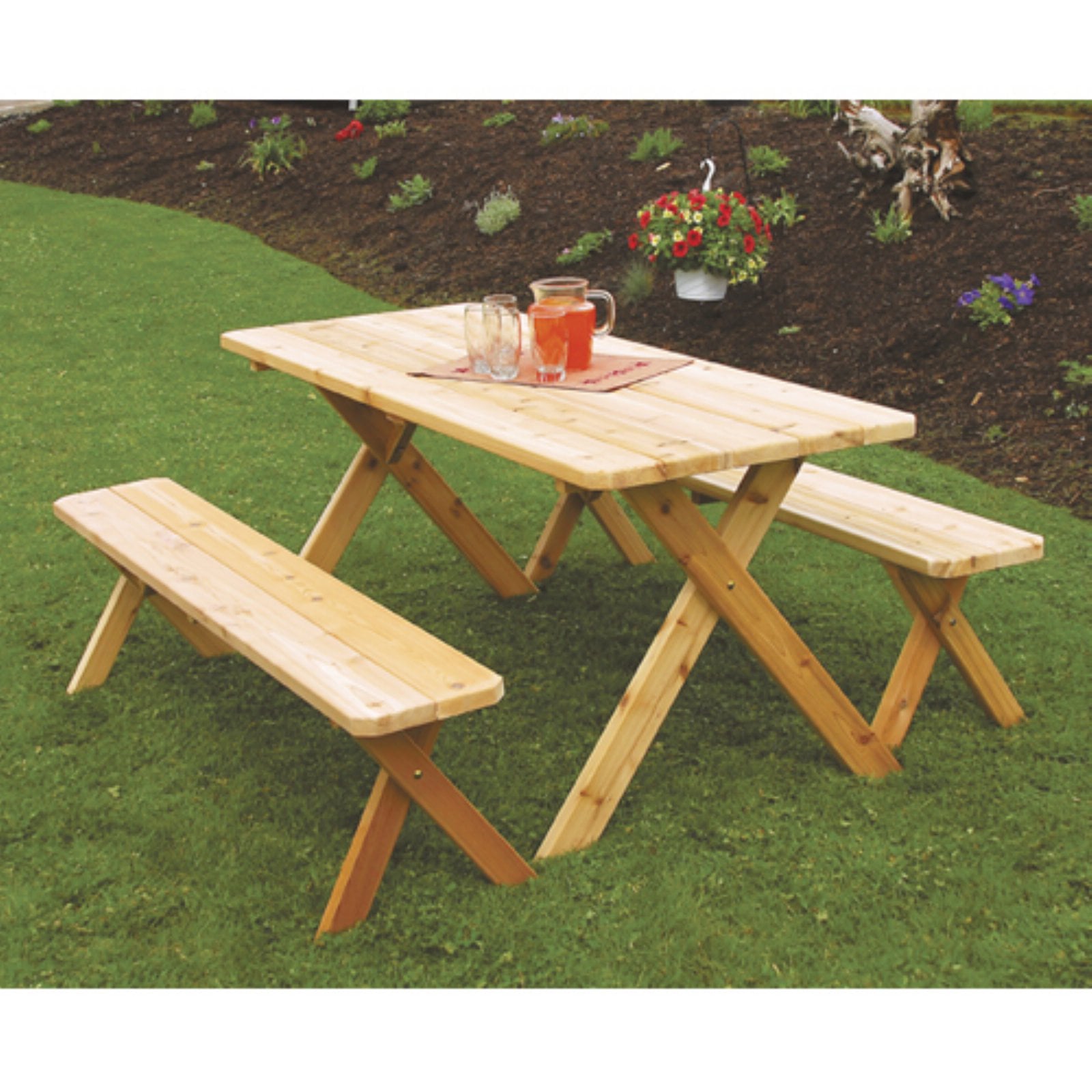 A andamp; L Furniture Western Red Cedar Crossleg Picnic Table with 2 Benches
