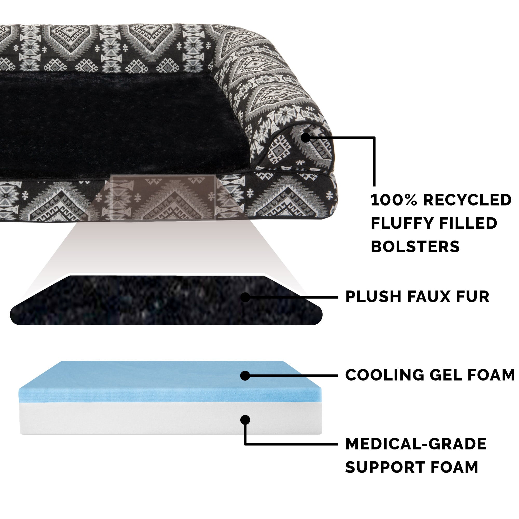 FurHaven | Cooling Gel Southwest Kilim Sofa Pet Bed for Dogs and Cats， Black Medallion， Jumbo Plus