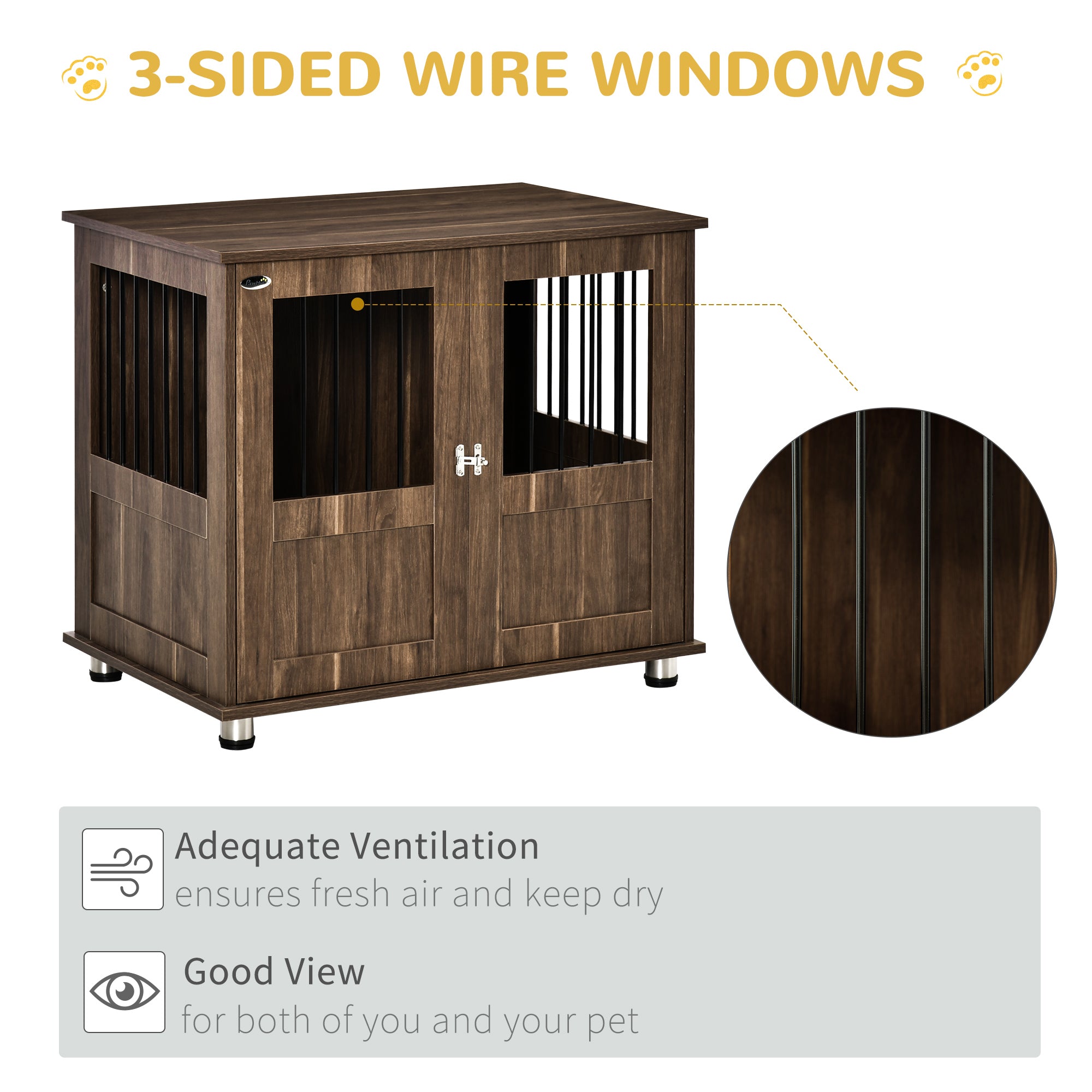 PawHut Furniture Style Dog Crate， Wooden and Wire End Table， Small and Medium Pet Crate with Magnetic Double Door Indoor Decorative Dog Kennel Cage， Brown