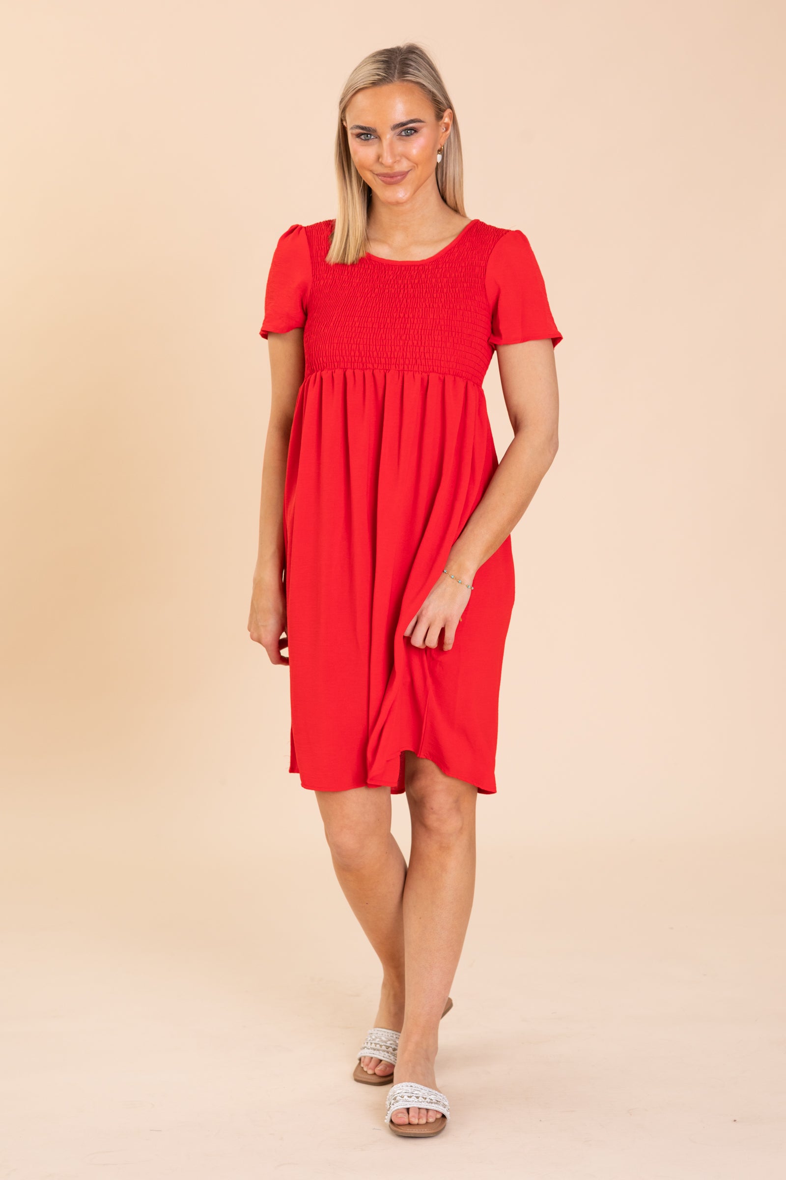 Flowy Skirt Smocked Bodice Midi Woven Dress