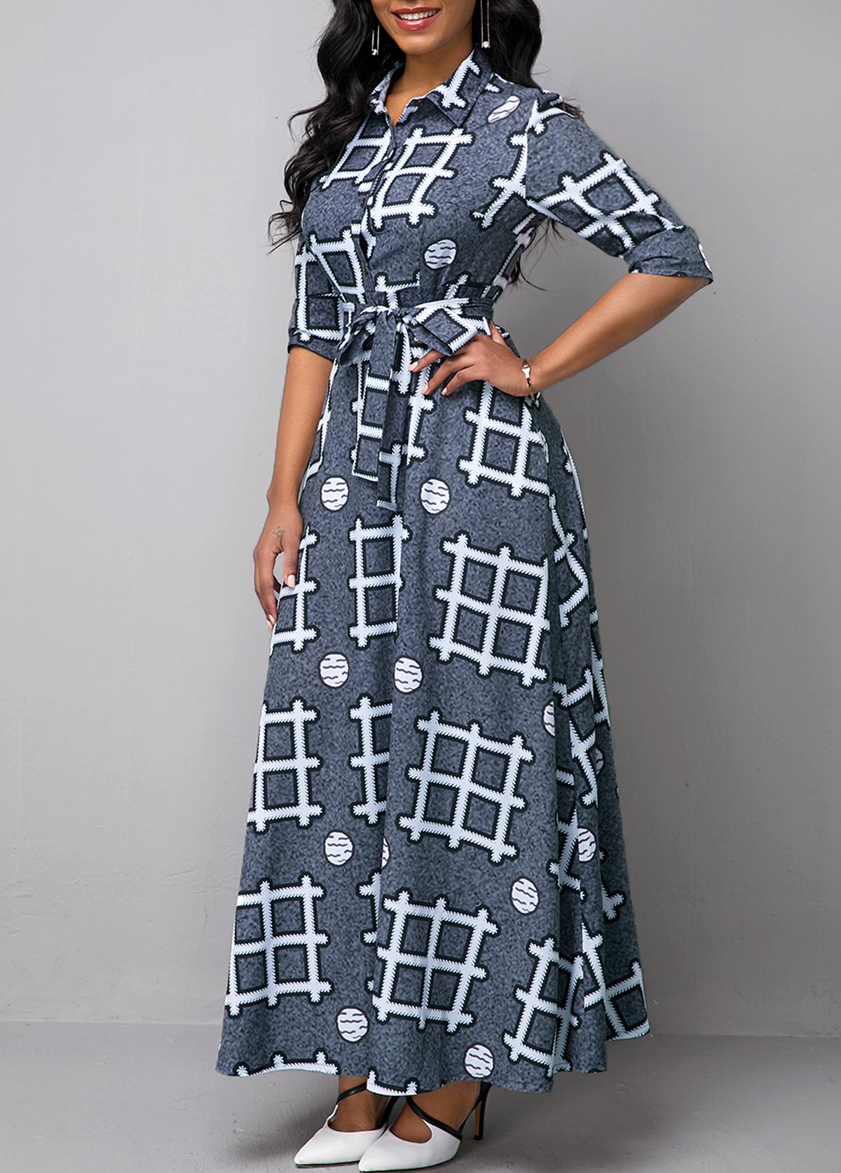 Turndown Collar Geometric Print Long Sleeve Dress