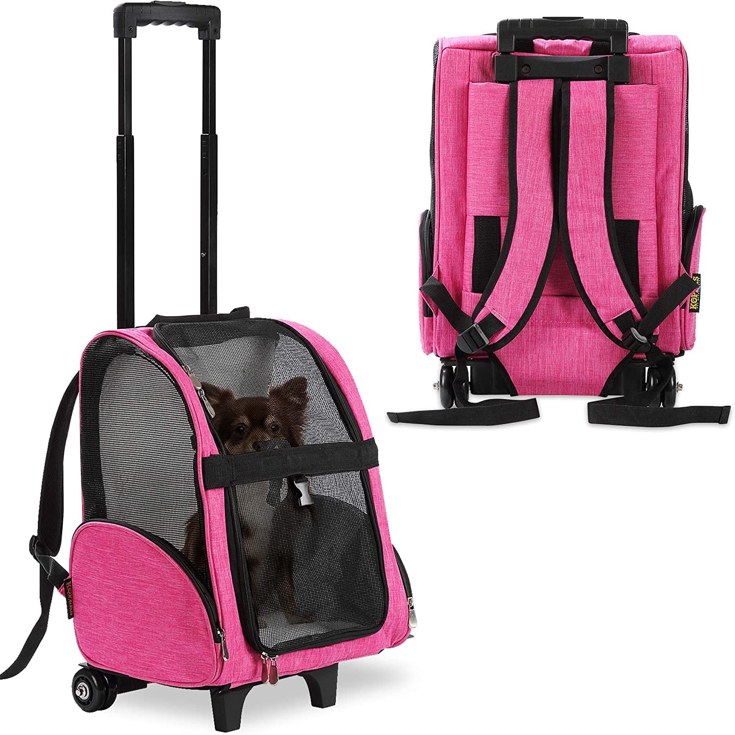 Deluxe Backpack Pet Travel Carrier with Double Wheels - Heather Pink - Approved by Most Airlines