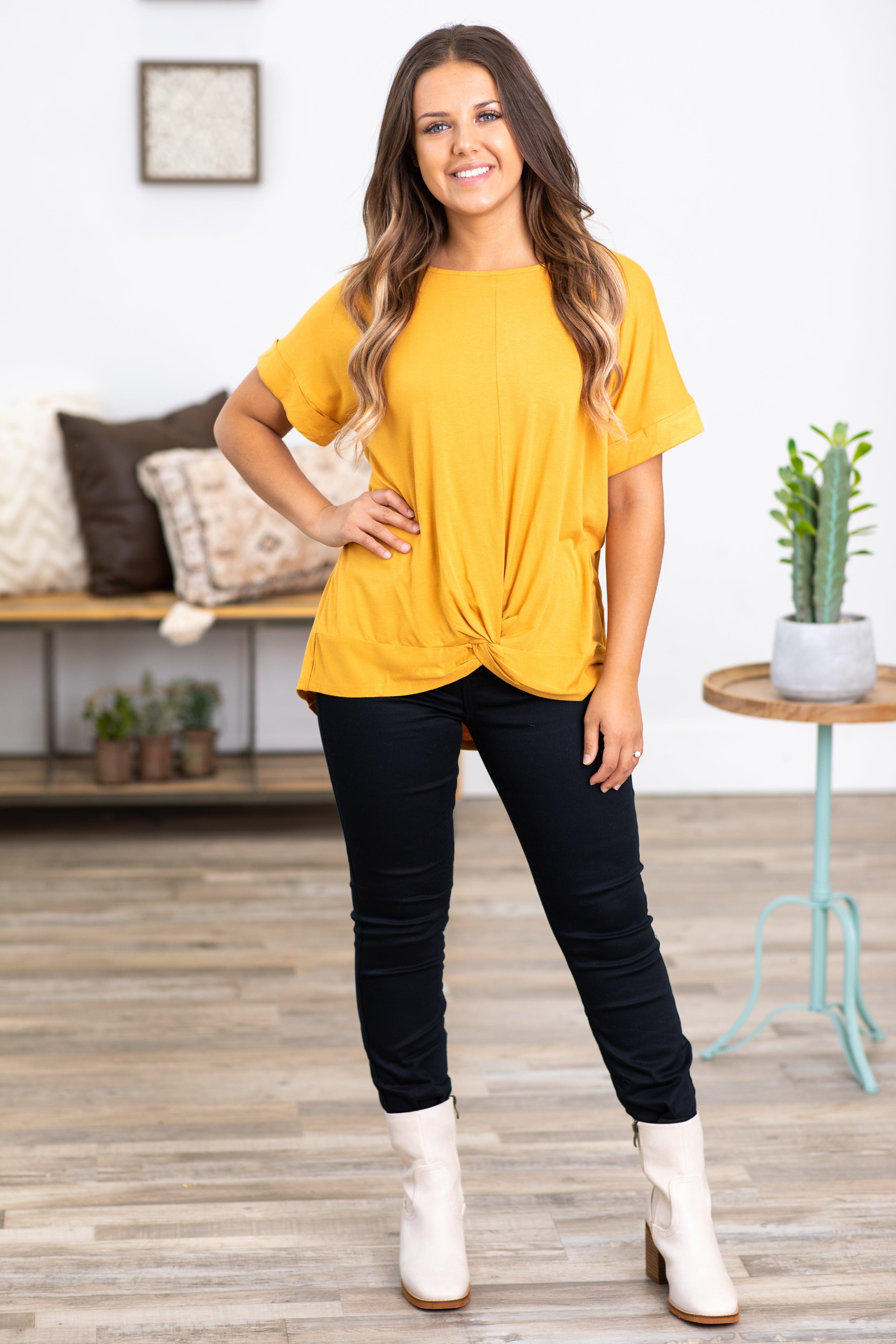 Golden Mustard Knot Front Short Sleeve Top