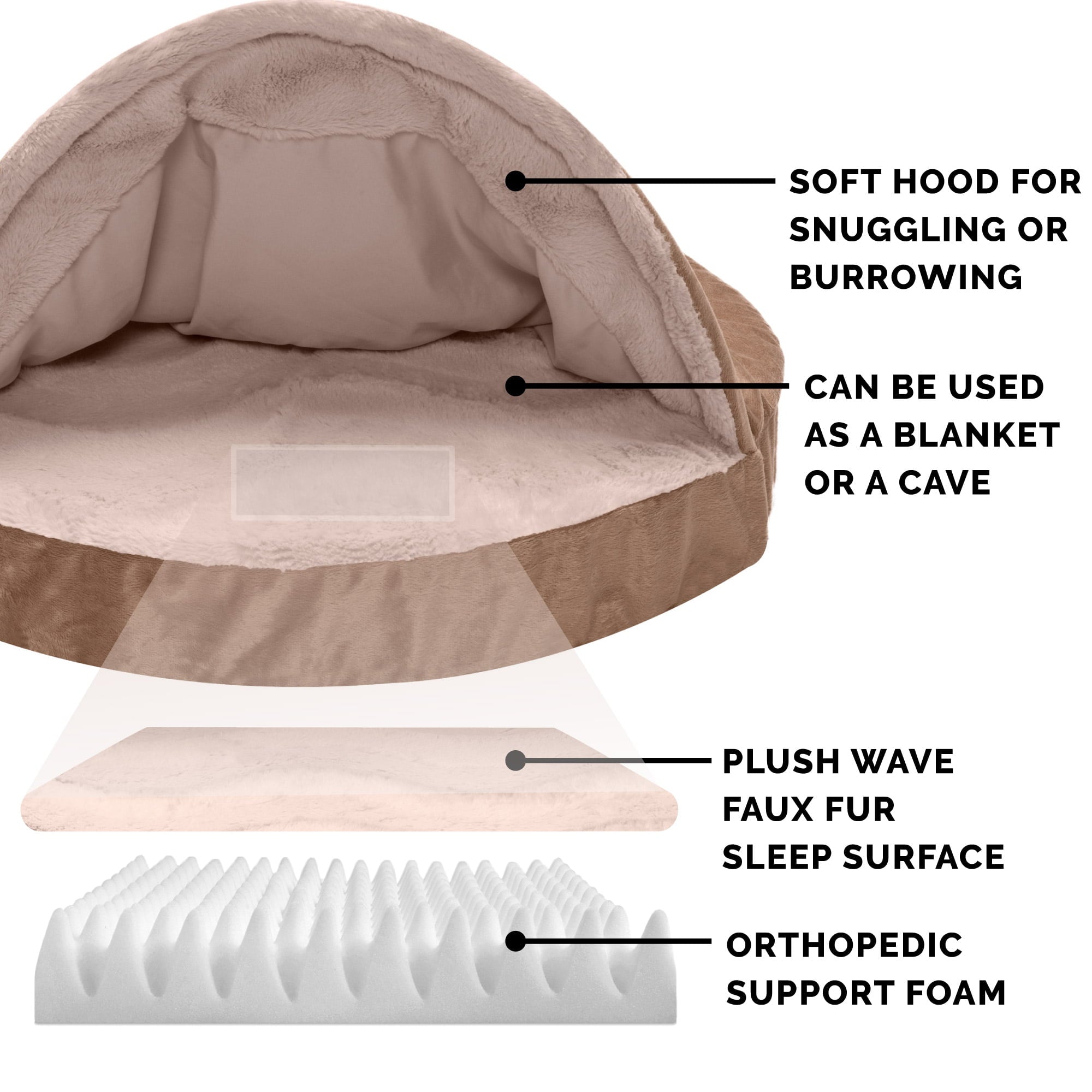 FurHaven Pet Dog Bed | Orthopedic Wave Fur and Velvet Snuggery Burrow Pet Bed for Dogs and Cats， Brownstone， 35