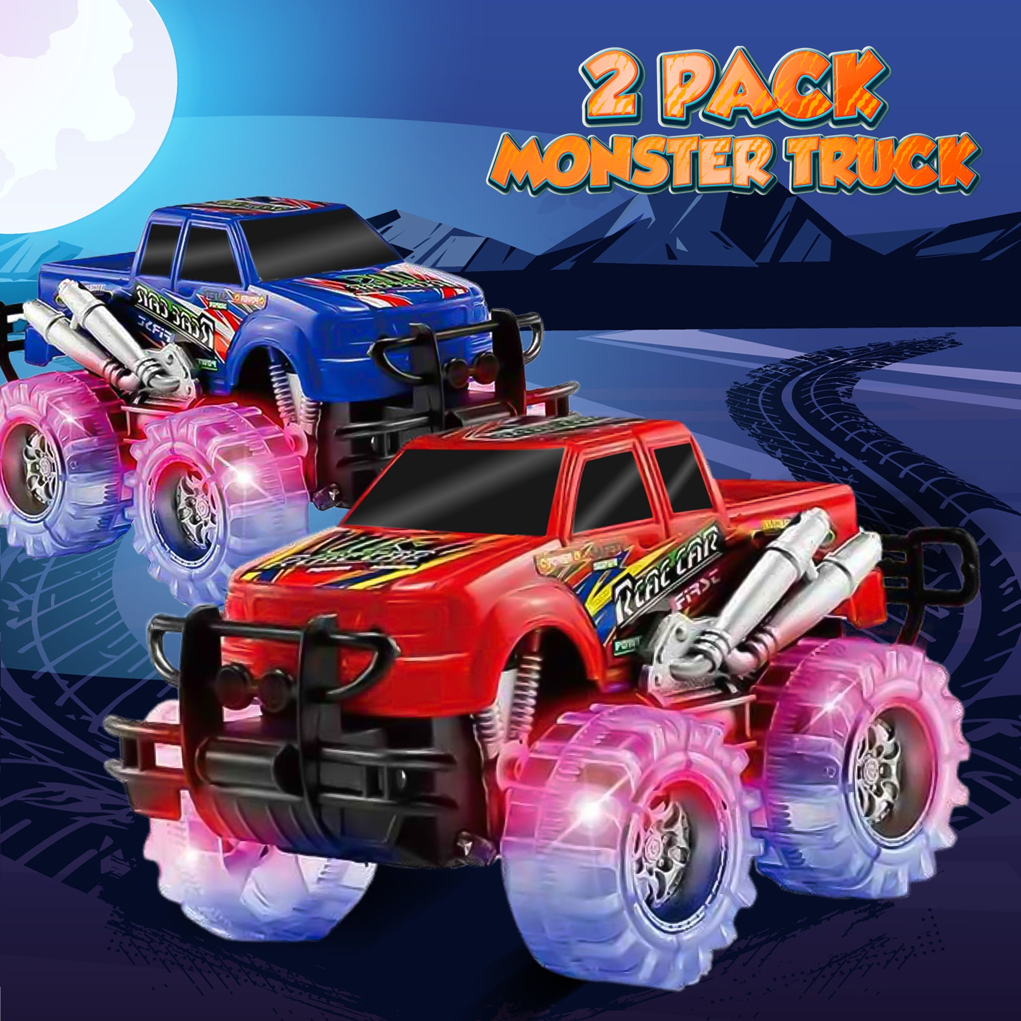 JoyX 2 Pack Light Up Monster Truck Car Toy with Beautiful Flashing LED Tires， Best Birthday Gift for Boy Girl Ages 3+， Push n Go Cars， Toy， Race Truck Car for Kid Party Favors and Daily Play