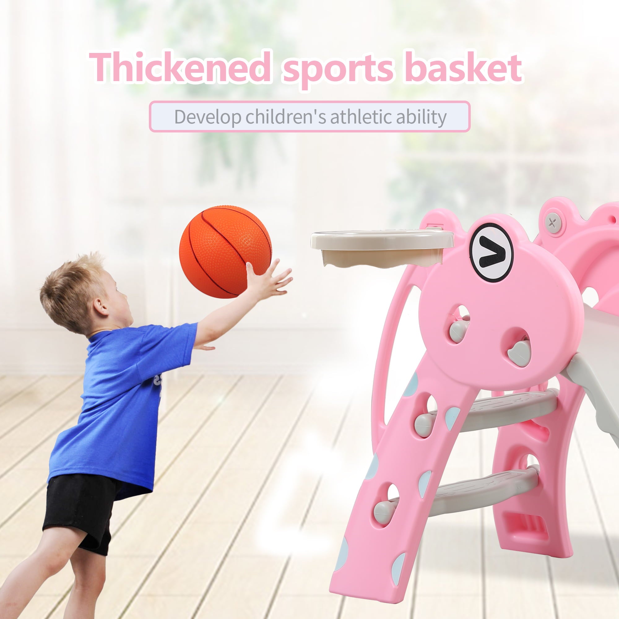 REIDIU 3 in 1 Slide for Kids， Baby Play Climber Slide Set with Extra Long Slipping Slope， Basketball Hoop and Ball， Multifunctional Household Play Slide Toy for Boys and Girls，Deer Pink