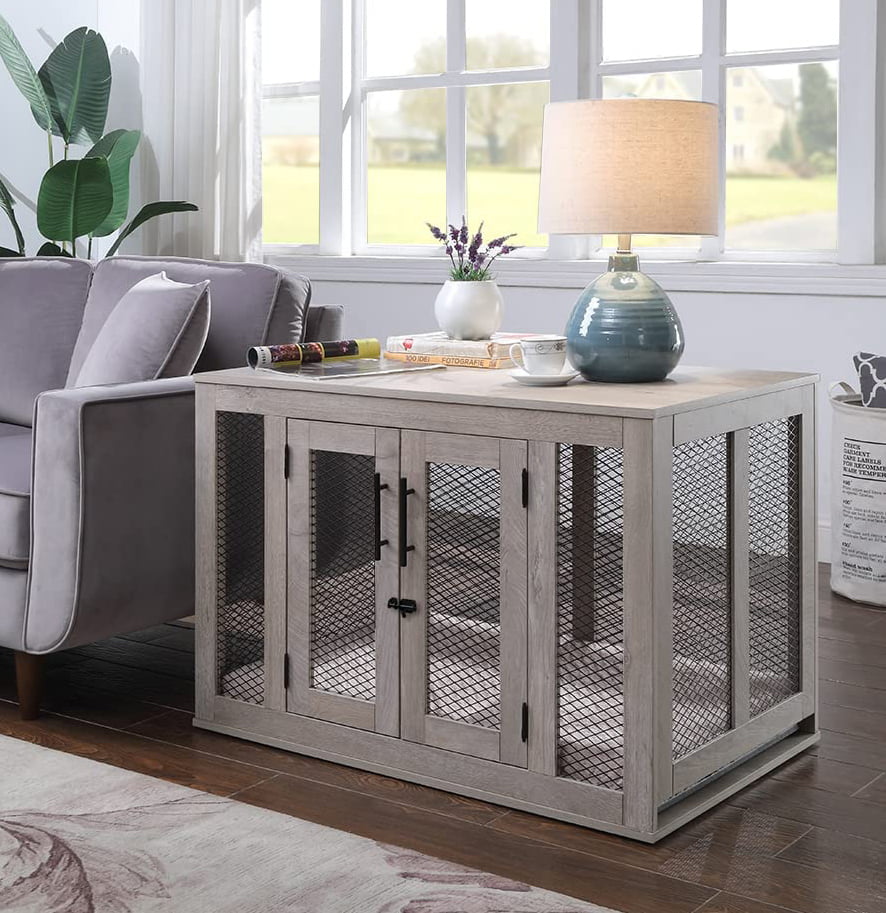 Unipaws Dog Crate Furniture with Cushion and Tray， Metal Mesh Dog Kennels with Double Doors， Medium Pet Kennel End Table Indoor， Gray