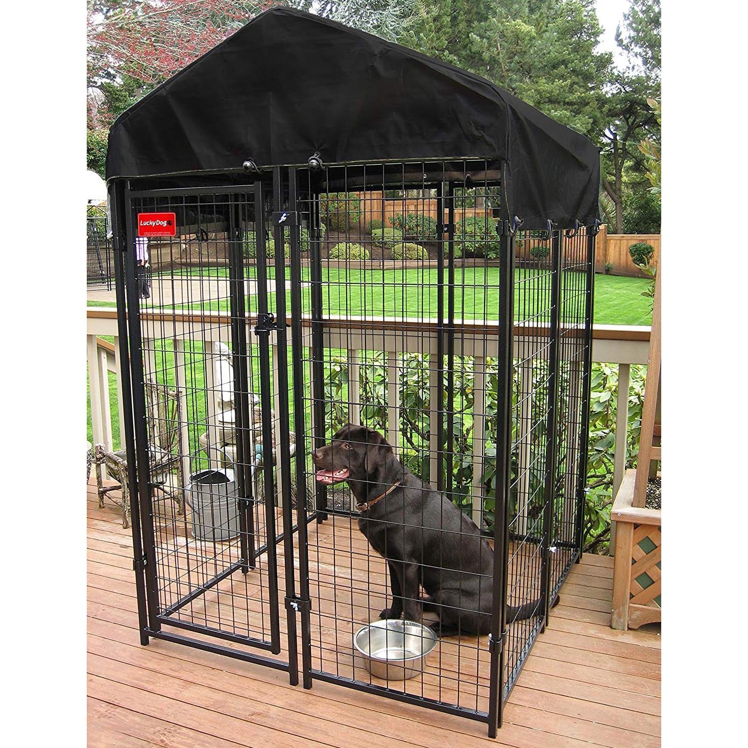Lucky Dog Uptown Covered Dog Kennel with Lucky Dog Wire Dog Fence Pet Kennel