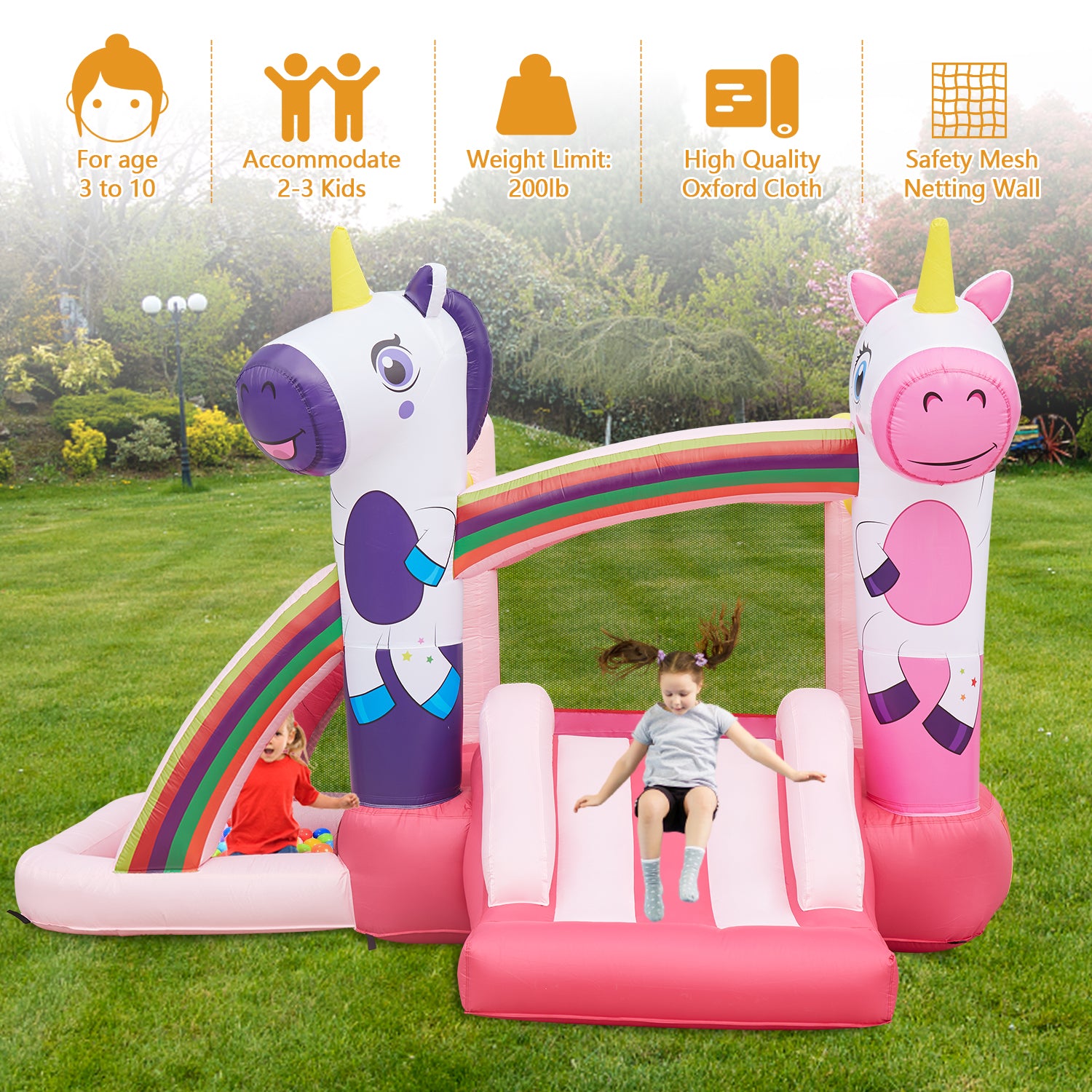 Kinbor Kids Inflatable Jumping Slide Bounce House with Blower Ocean Ball， Pink Unicorn