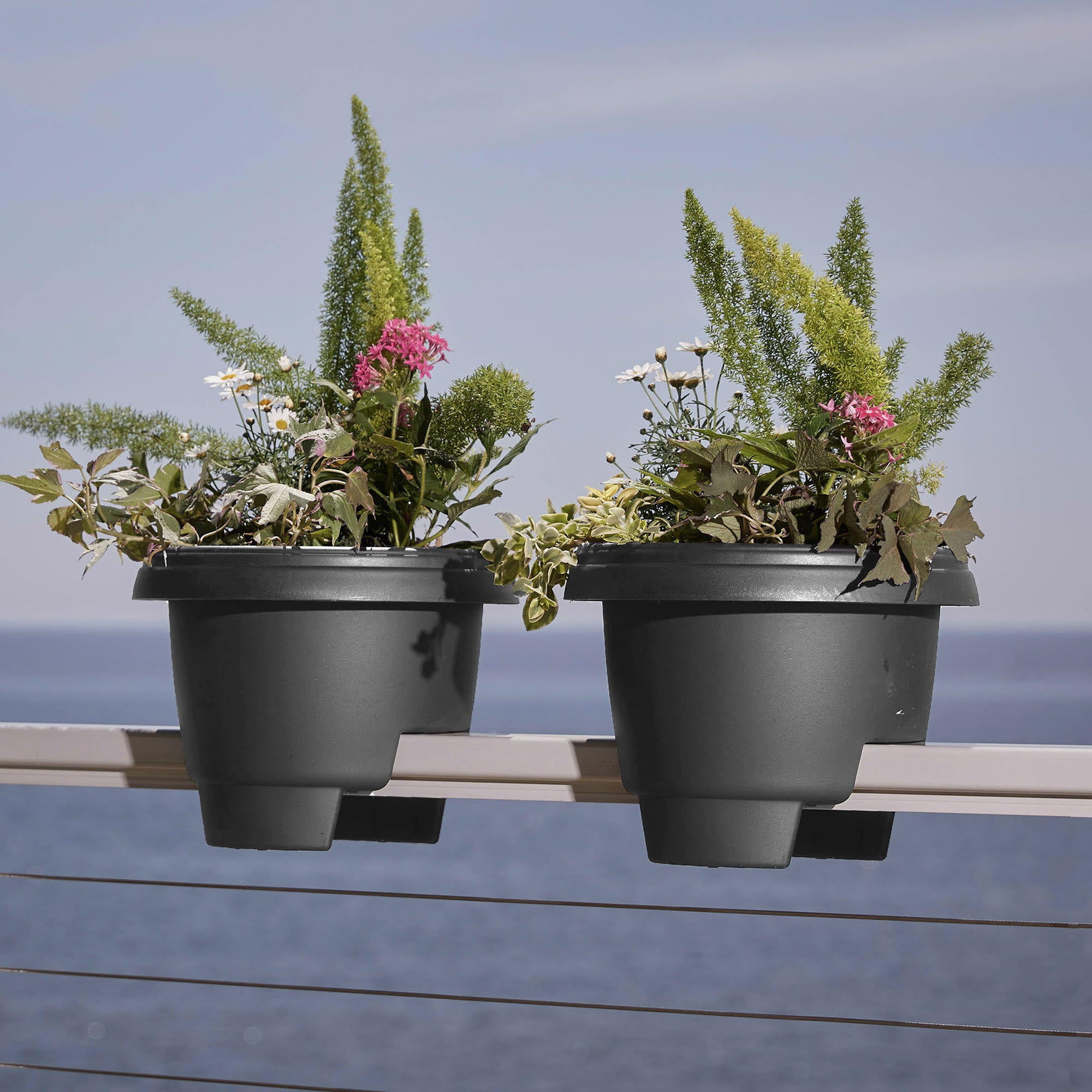 Bloem Modica Deck Rail Round Planter: 12" - Charcoal - Matte Finish, Fits Rail Sizes 3"-3.75", Durable Resin Pot, For Indoor and Outdoor Use, Gardening, 2 Gallon Capacity