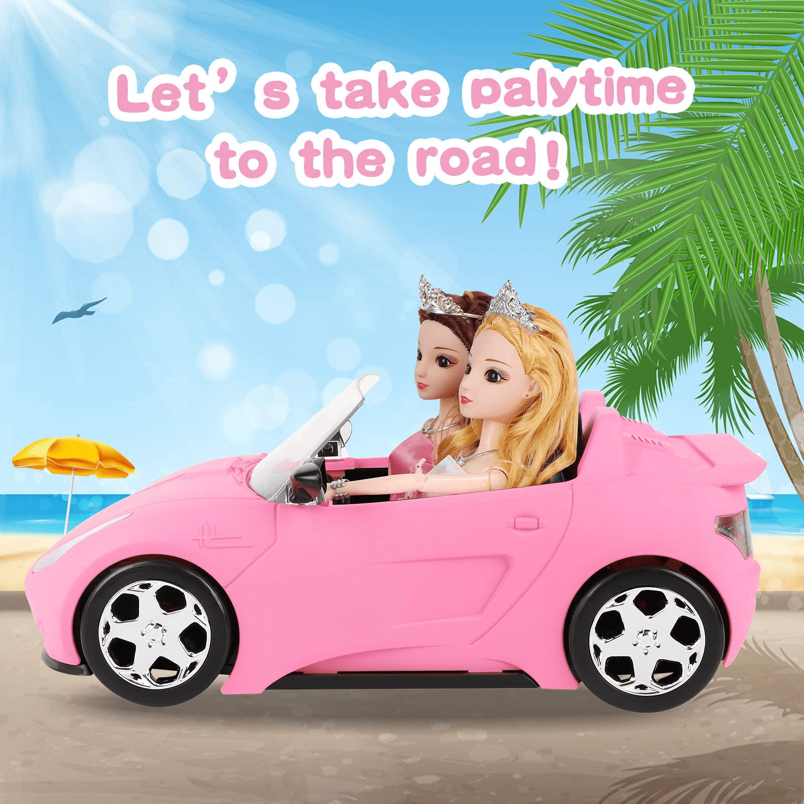 SUPER JOY Convertible Car， Pink Convertible Doll Vehicle with Working Seat Belts Dolls Toy Car for Dolls Accessories Set Great Gift for Girls