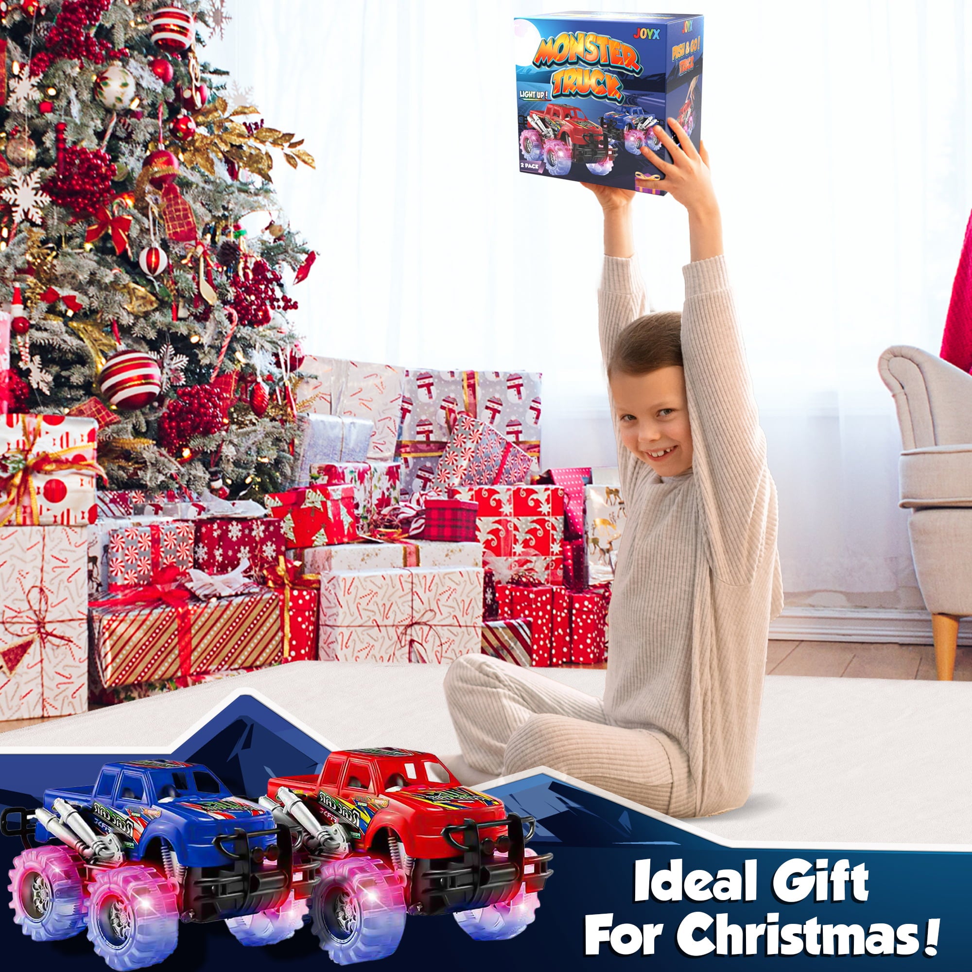 JoyX 2 Pack Light Up Monster Truck Car Toy with Beautiful Flashing LED Tires， Best Birthday Gift for Boy Girl Ages 3+， Push n Go Cars， Toy， Race Truck Car for Kid Party Favors and Daily Play