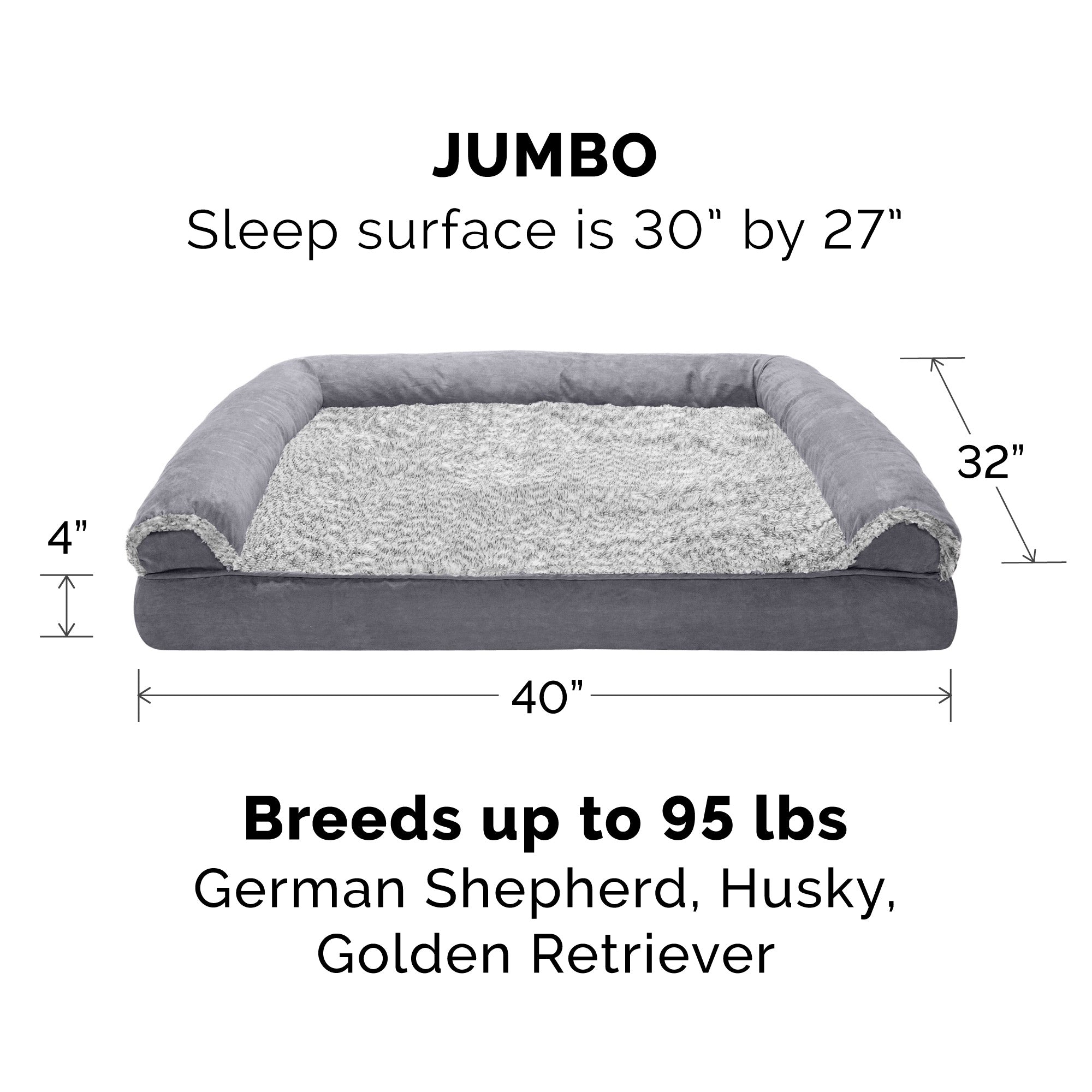 FurHaven Pet Products | Cooling Gel Memory Foam Orthopedic Two-Tone Faux Fur and Suede Sofa-Style Couch Pet Bed for Dogs and Cats， Stone Gray， Jumbo