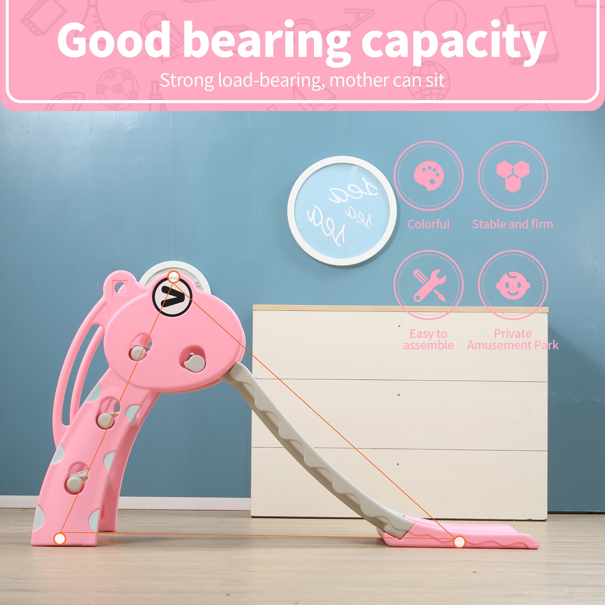 REIDIU 3 in 1 Slide for Kids， Baby Play Climber Slide Set with Extra Long Slipping Slope， Basketball Hoop and Ball， Multifunctional Household Play Slide Toy for Boys and Girls，Deer Pink