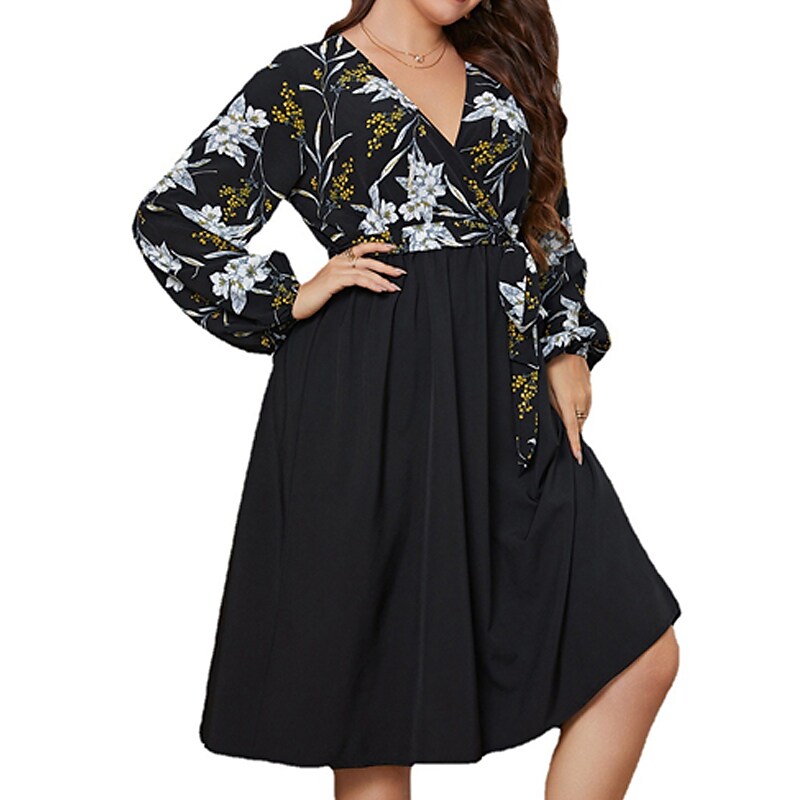 Women's Plus Size Casual Dress Floral V Neck Long Sleeve Fall Winter Casual Midi Dress Causal Daily Dress