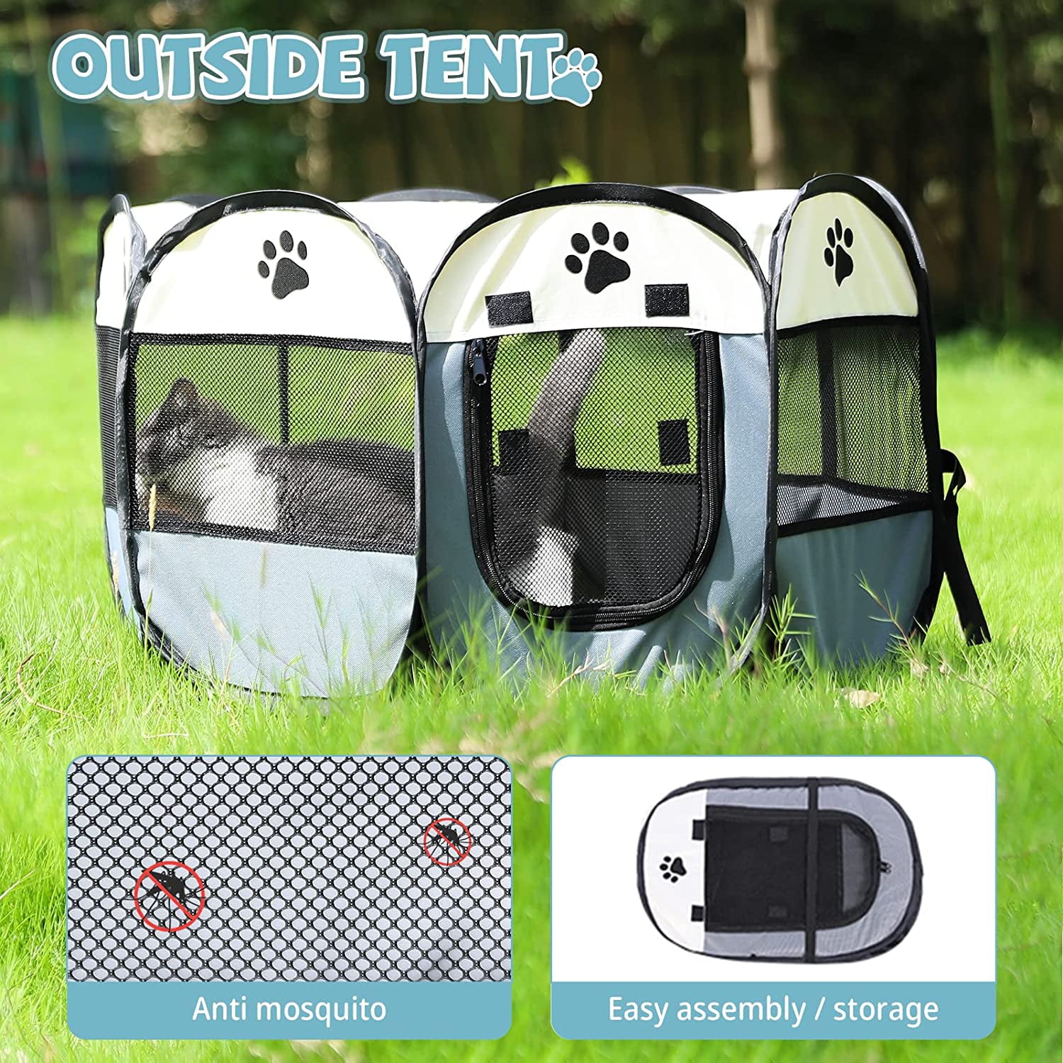 Portable Dog Playpen Puppy Playpen Indooor，Dog Pen Indoor Outdoor Foldable Cat Playpen Dog Playpen for Small Dogs Play Pens for Puppys Outdoor Cat Playpen， White and Gray
