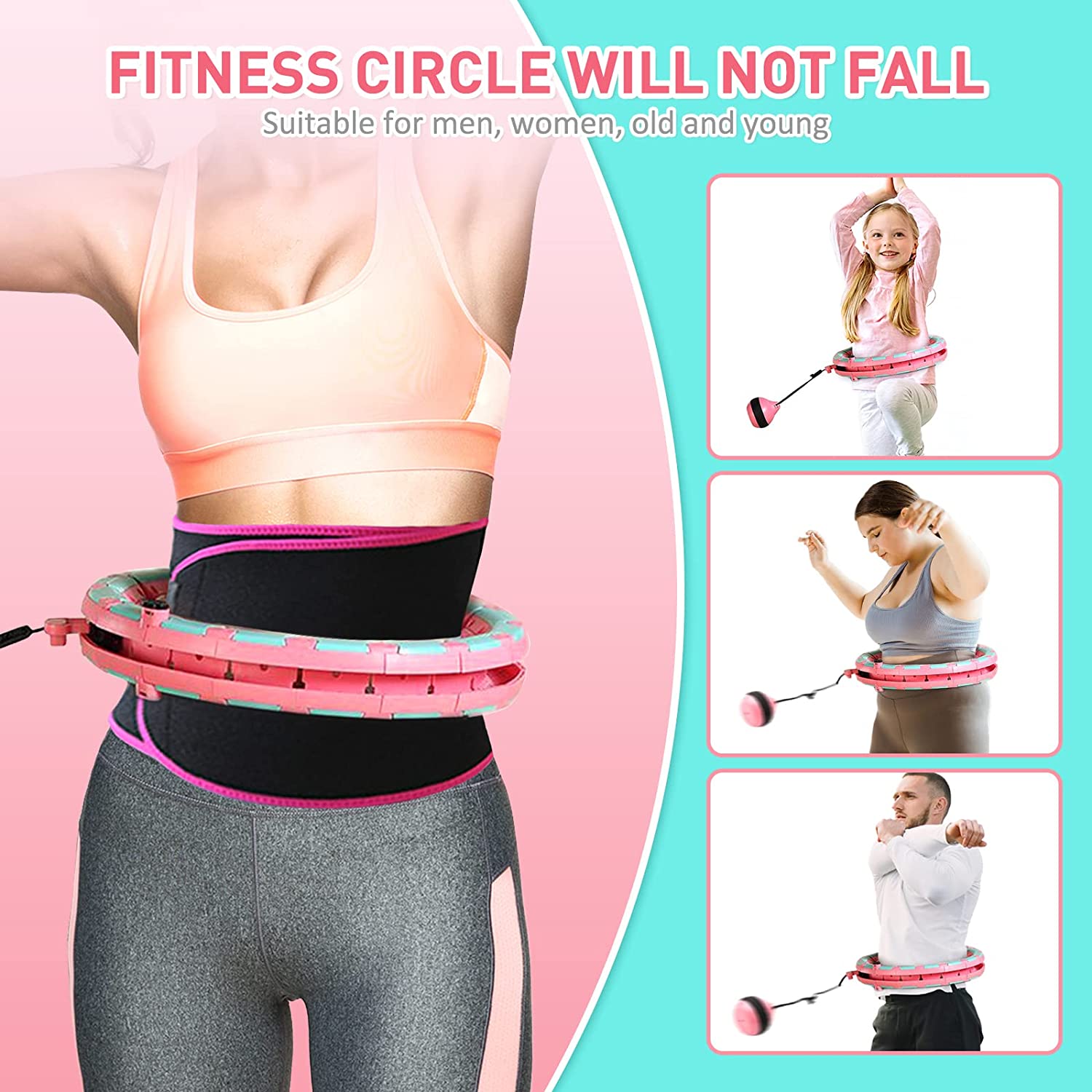 Weighted Smart Hoola Hoops Fitness for Adults Weight Loss， 24 Detachable Knots Hula Hoop Plus Size， 2 in 1 Waist Trainers Adomen Message Great for Adults and Kids