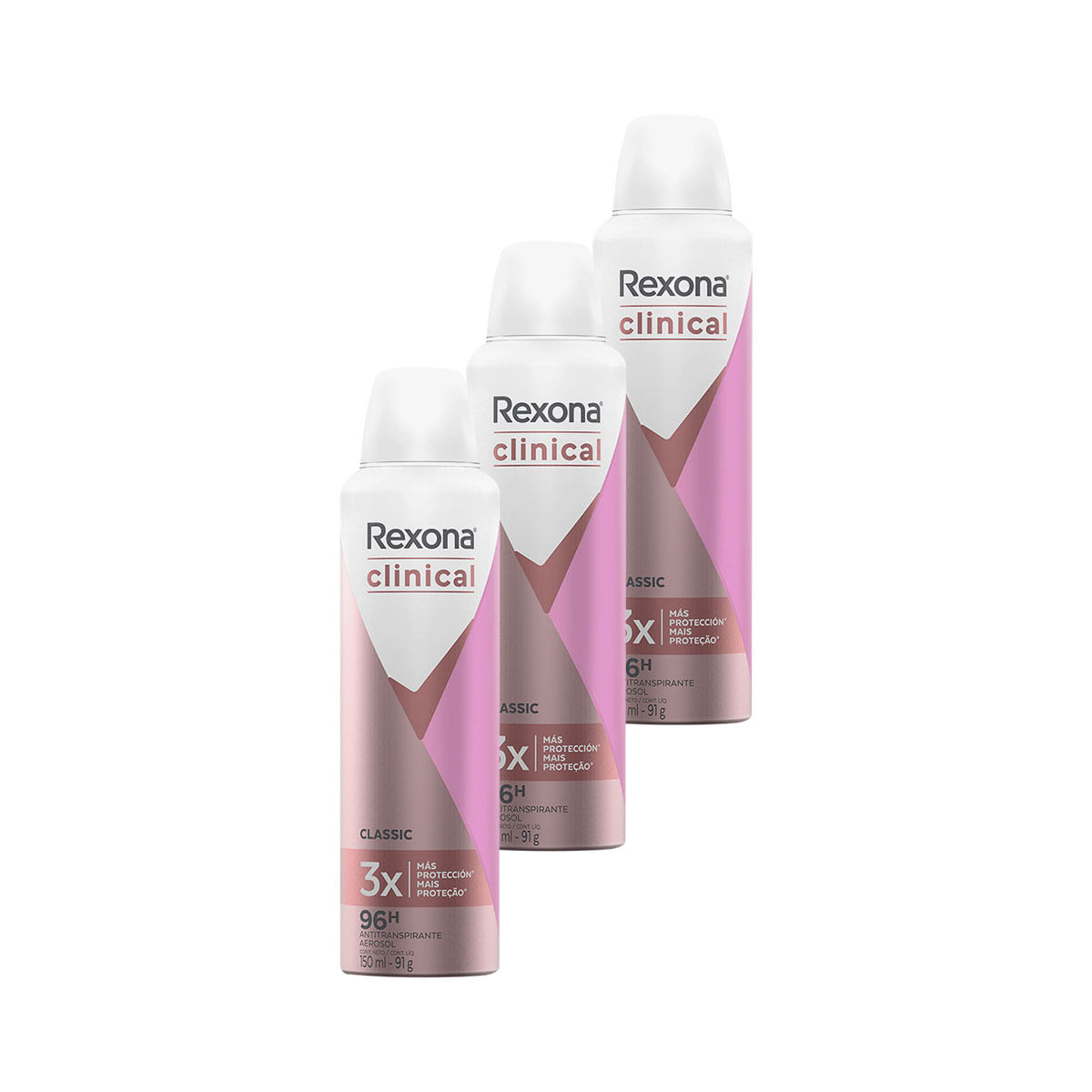 Kit com 3 Desodorantes Rexona Clinical Classic Feminino
