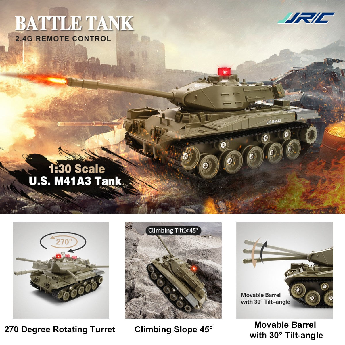 JJRC RC Tank 1/30 Remote Control Battle Tank Military Tank Shoots with Light and Sound Car Toy for Kids Boy Gifts