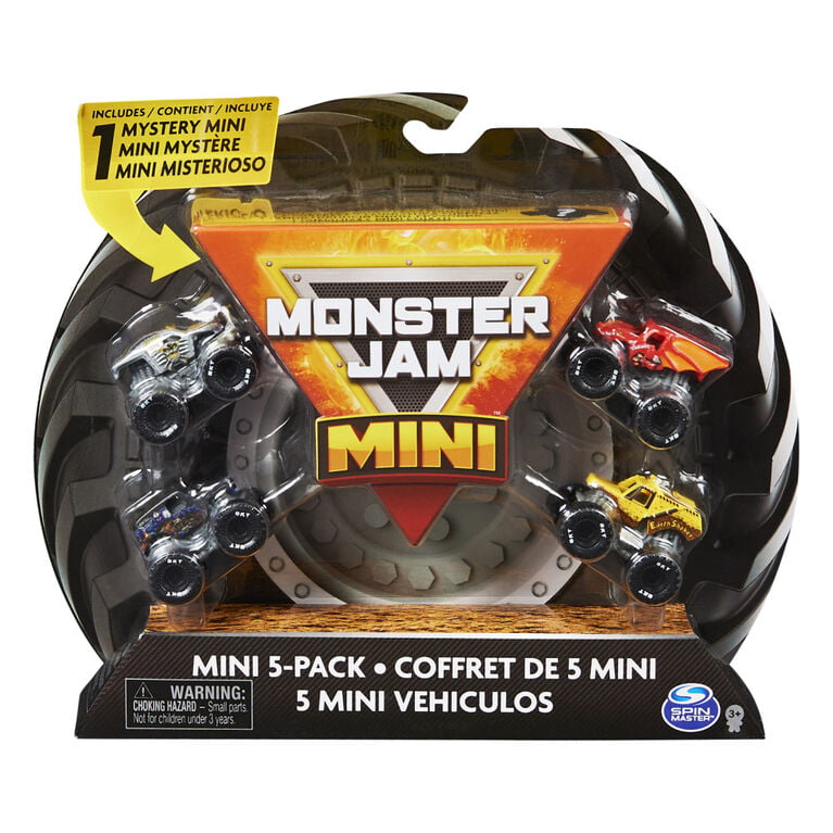 Monster Jam， Official Mini Collectible Monster Trucks 5-Pack with 1 Mystery Truck， 1:87 Scale