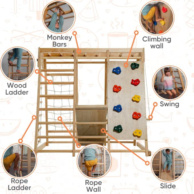 Avenlur Indoor Toddler and Child Indoor Gym Playground Climber - Real Wooden Playset 6-in-1 Slide， Rock Climb Wall， Rope Wall Climbing， Monkey Bars， Swing， Ladder Fun Gym for Children