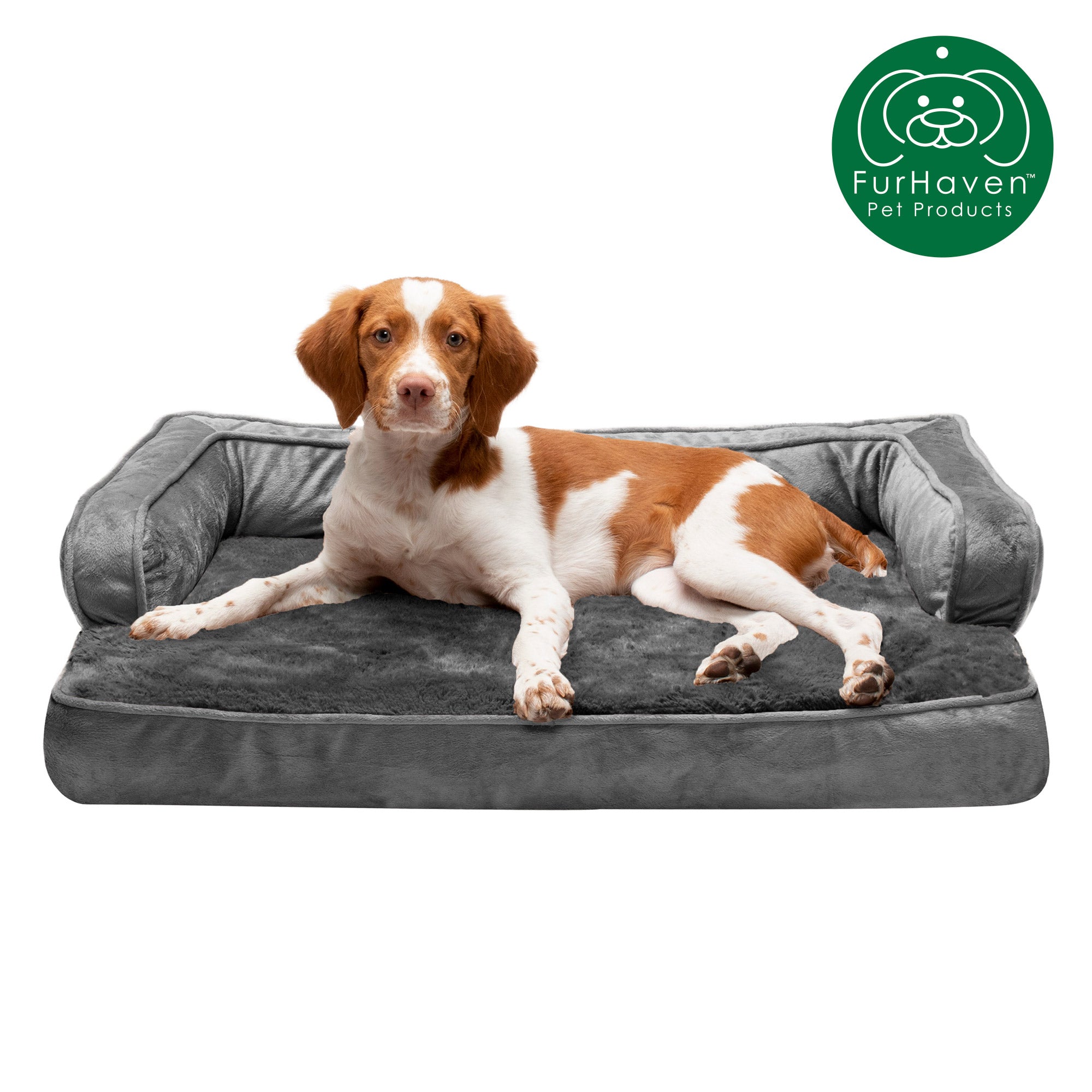 FurHaven Pet Products | Cooling Gel Memory Foam Orthopedic Plush and Velvet Comfy Couch Sofa-Style Pet Bed for Dogs and Cats， Dark Gray， Medium