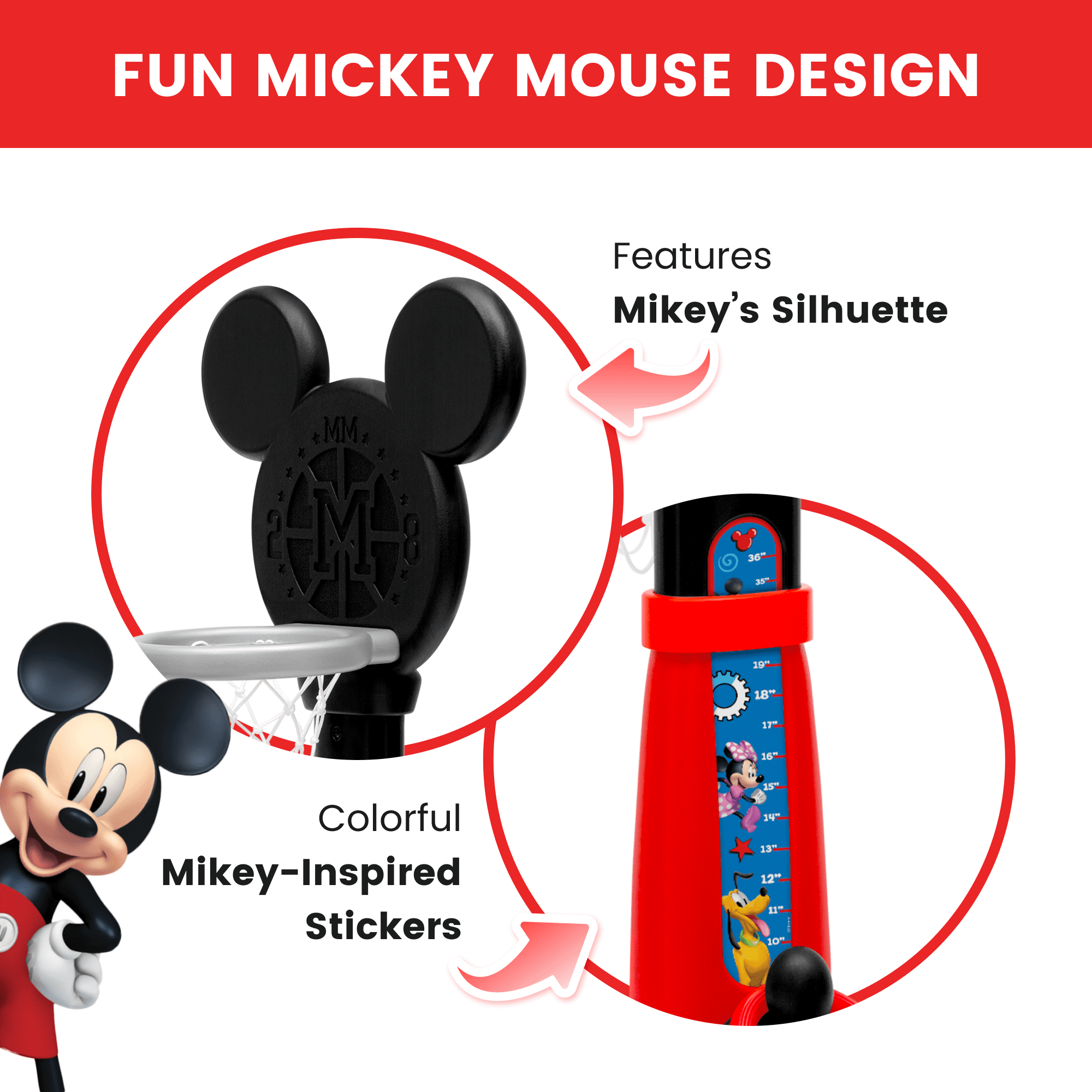 Disney Mickey Mouse Plastic Basketball Set by Delta Children – Includes Basketball Hoop， 1 Basketball， Ring Toss Game with 3 Rings， Growth Cart and Ball Pump