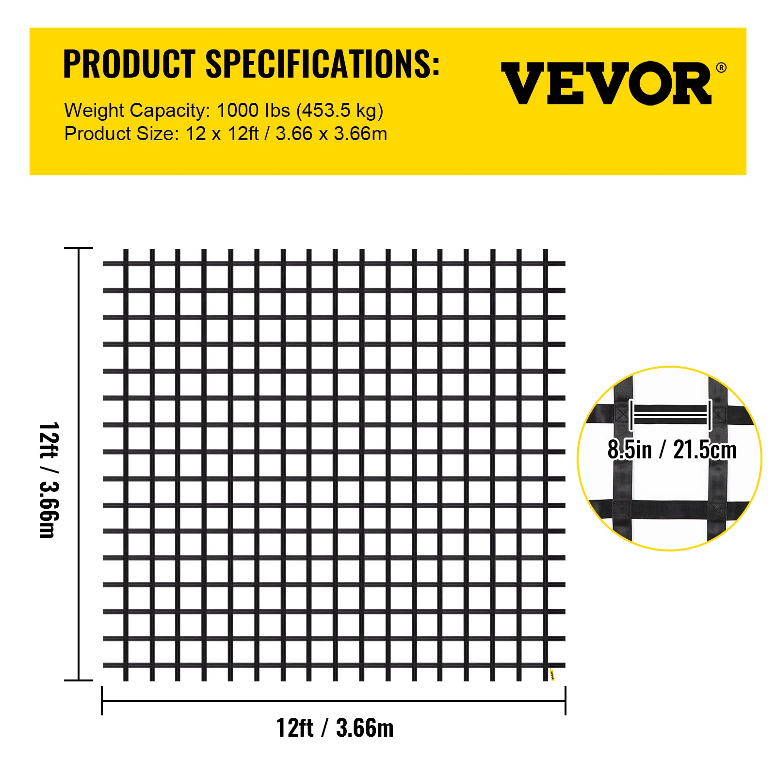 VEVOR Climbing Cargo Net， 12' x 12' Playground Climbing Net， Polyester Material， Rope Ladder， Swingset， Large Military Climbing Cargo Net for Kids and Adult， Indoor and Outdoor， Treehouse， Jungle Gyms
