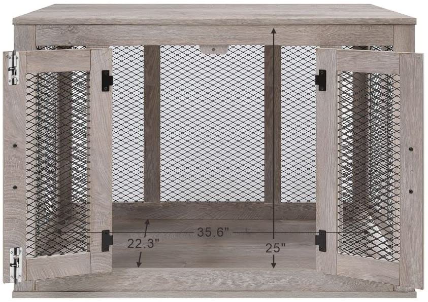 Unipaws Dog Crate Furniture with Cushion and Tray， Metal Mesh Dog Kennels with Double Doors， Medium Pet Kennel End Table Indoor， Gray