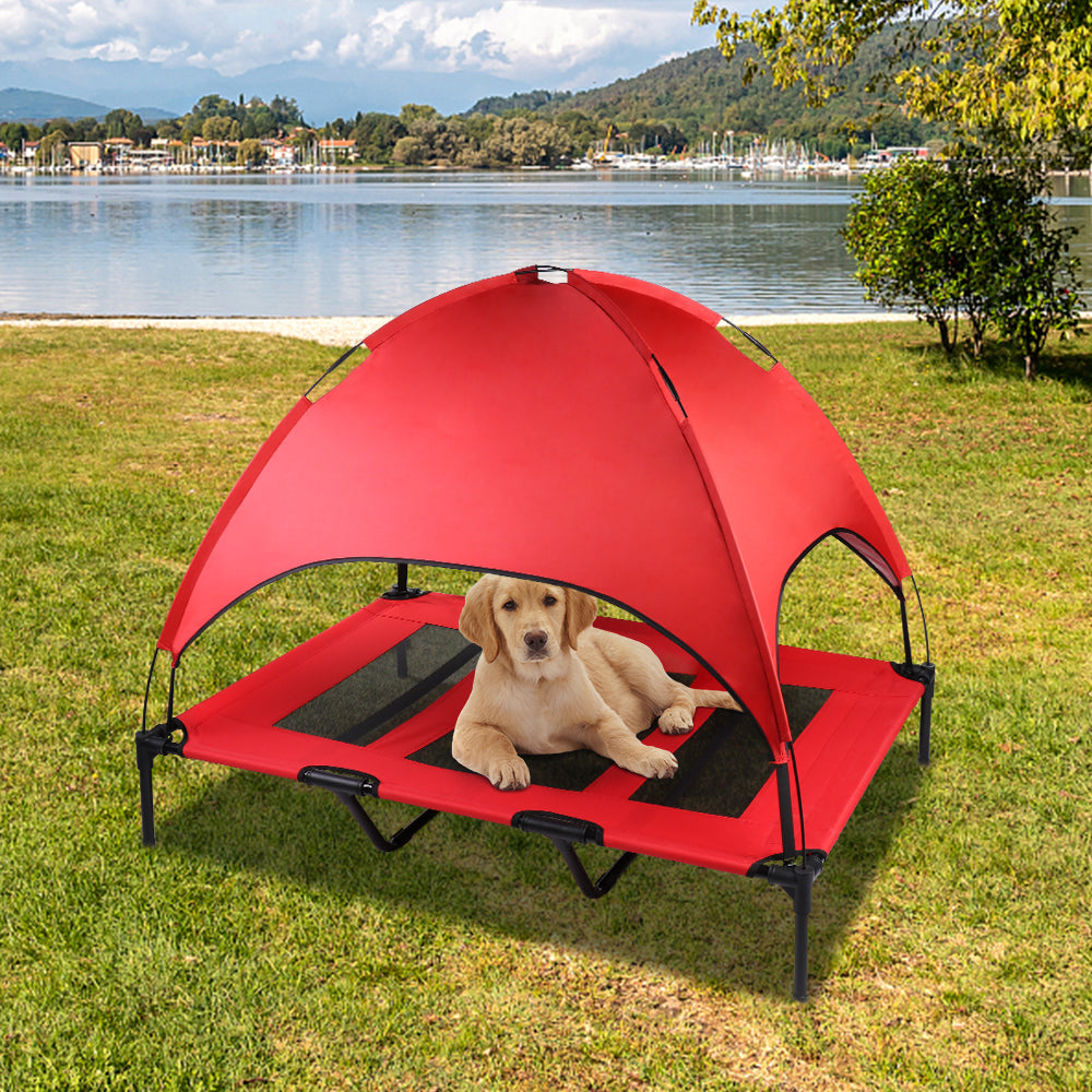 SMONTER Elevated Dog Bed with Canopy， Outdoor Pet Cot with Removable Canopy Shade， Portable Raised Dog Bed with Stable Frame and Breathable Mesh for Small， Medium， Large Dogs， Extra Large， Red