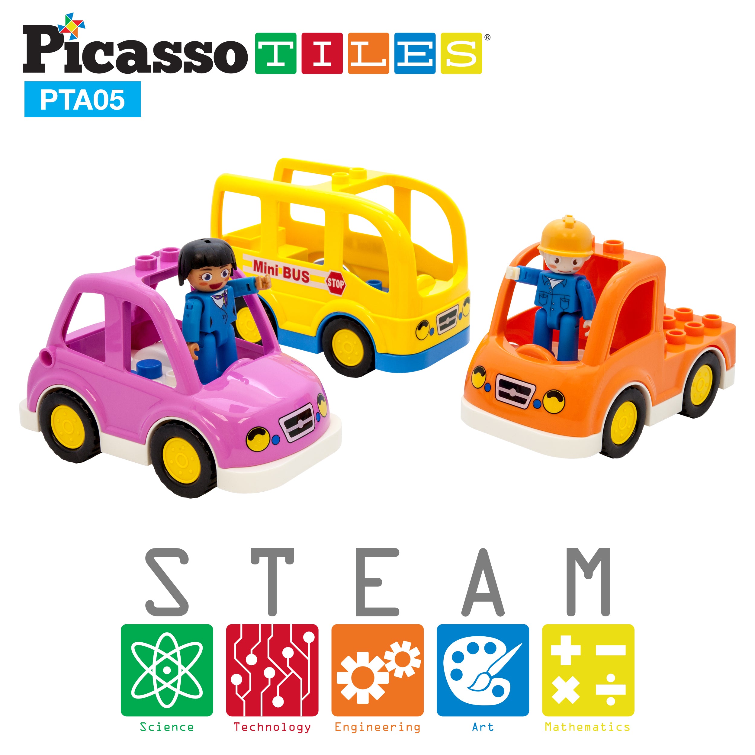PicassoTiles 5 Piece Vehicle Character and Action Figure Expansion Set PTA05