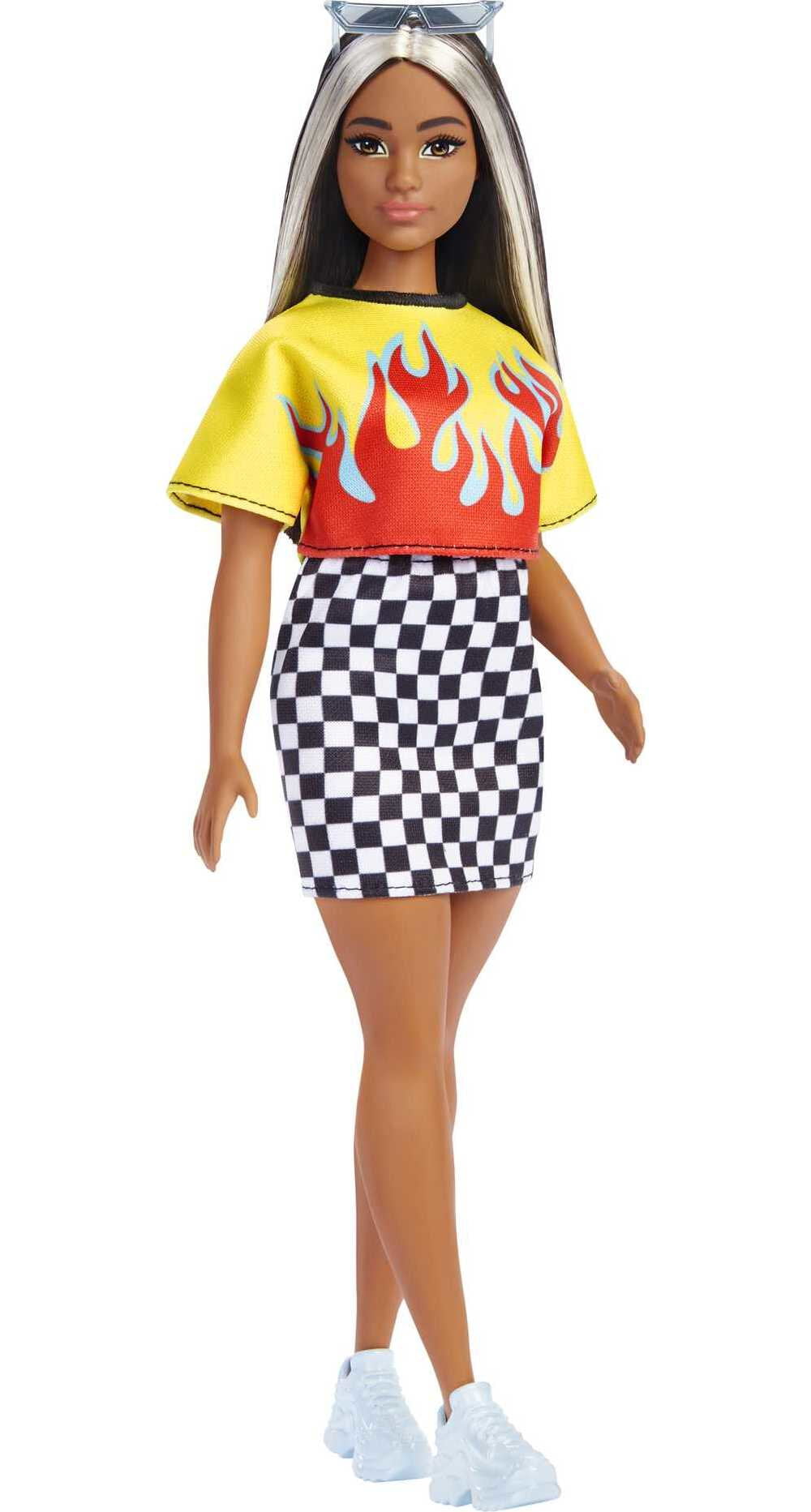 Barbie Fashionistas Doll #179, Curvy with Long Highlighted Hair in Crop Top & Checkered Skirt