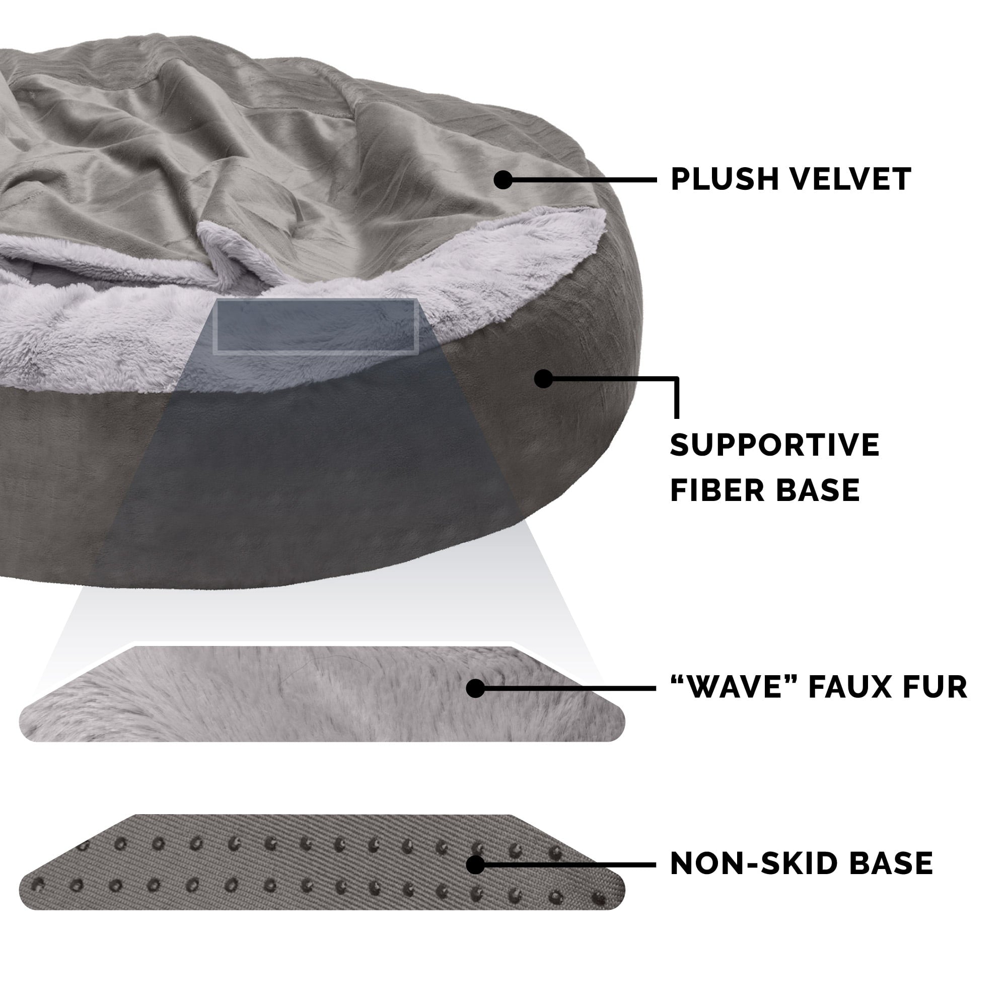 FurHaven | Wave Faux Fur and Velvet Hooded Donut Pet Bed for Dogs and Cats， Dark Gray， Medium