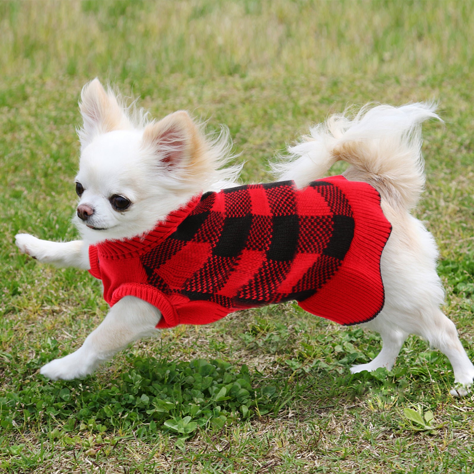 QBLEEV Pet Dog Sweaters Dress for Small Medium Dogs，Dog Knitwear Warm Turtleneck Pullover Puppy Sweater，Cute Pet Plaid Vest Dress with Leash Hole， Cozy Pet Fall Winter Clothes Christmas Apparel