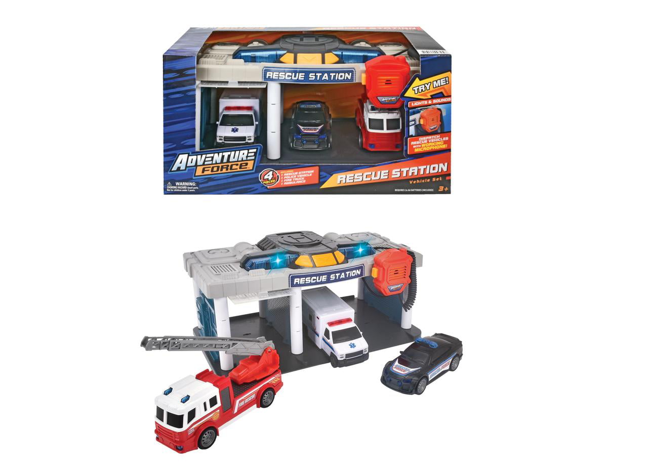 Adventure Force Rescue Station Freewheel Vehicle Playset， Lights and Sound， 3 Vehicles Included， Children Ages 3 and Up
