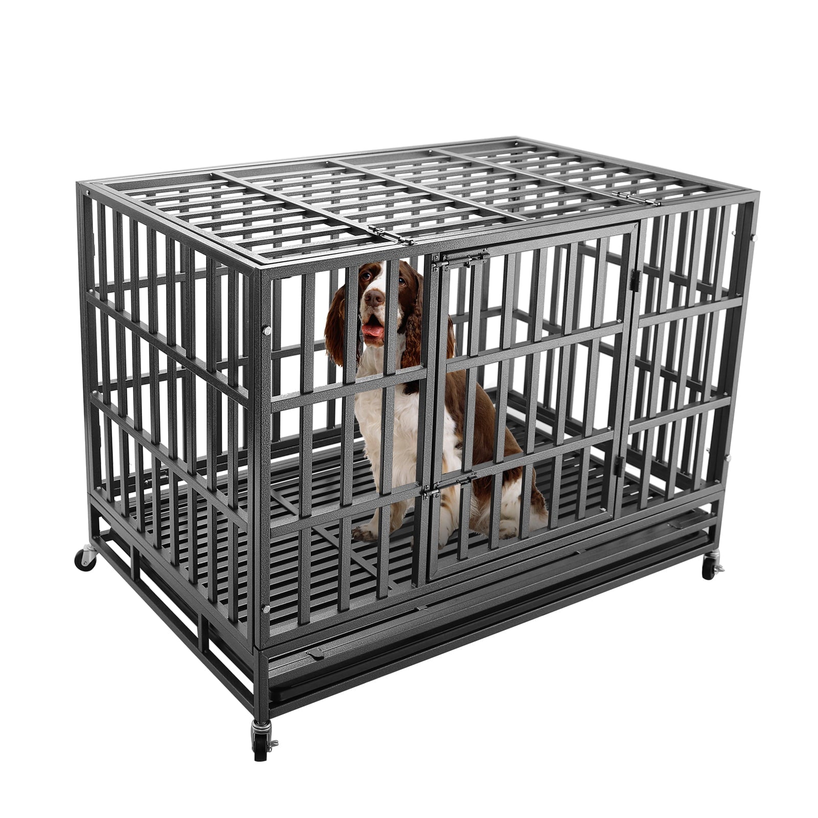 confote 47Inch Heavy Duty Dog Kennel Strong Metal Dog Cage Pet Crate for Medium and Large Dogs with Four Lockable wheels， Removeable Tray