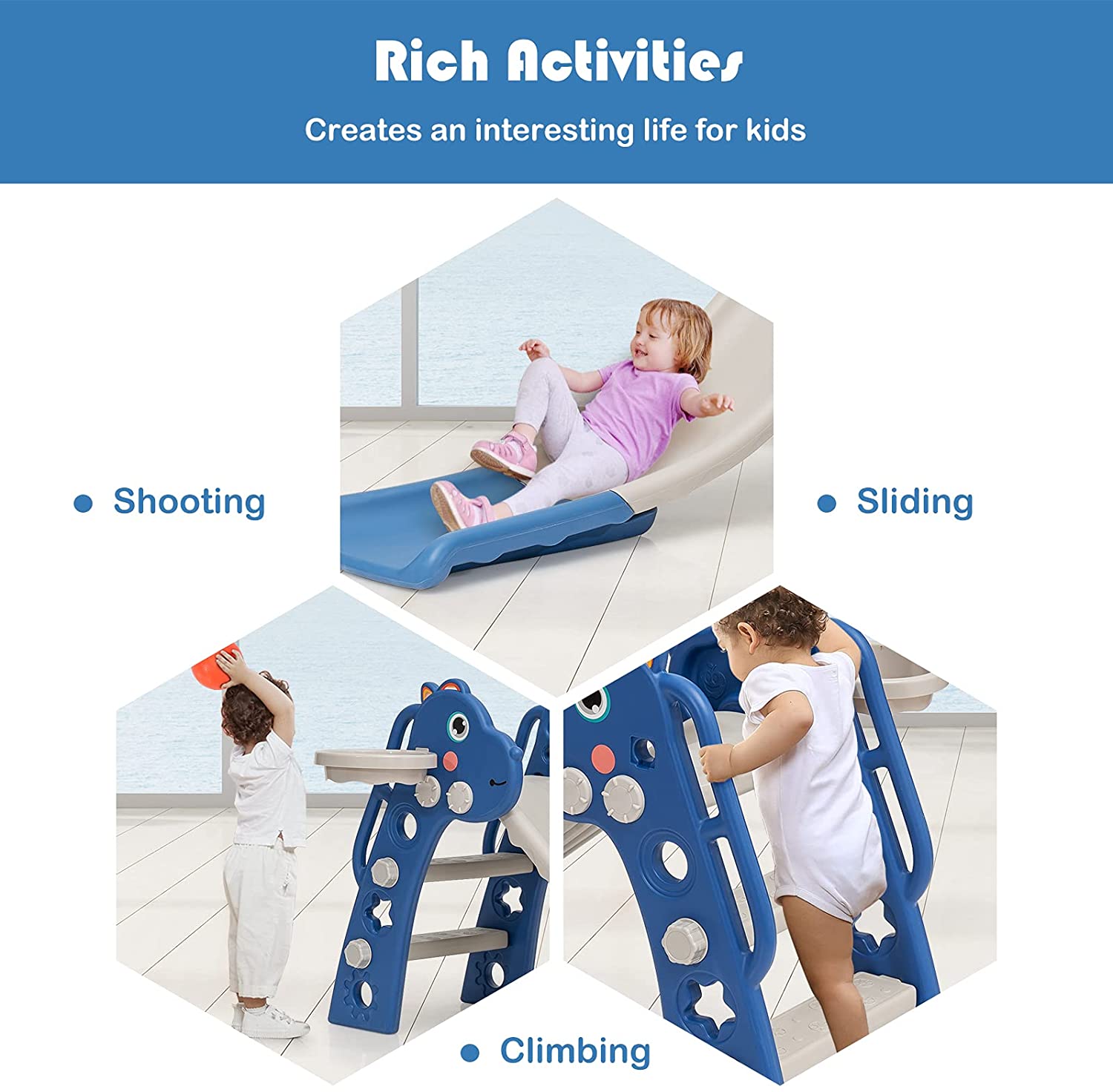 3 in 1 Slide for Kids， Toddler Slide Climber Set for Indoor Outdoor， Freestanding Baby Game Slide with Extra Long Slipping Slope， Basketball Hoop and Ball for Boys and Girls (Blue)