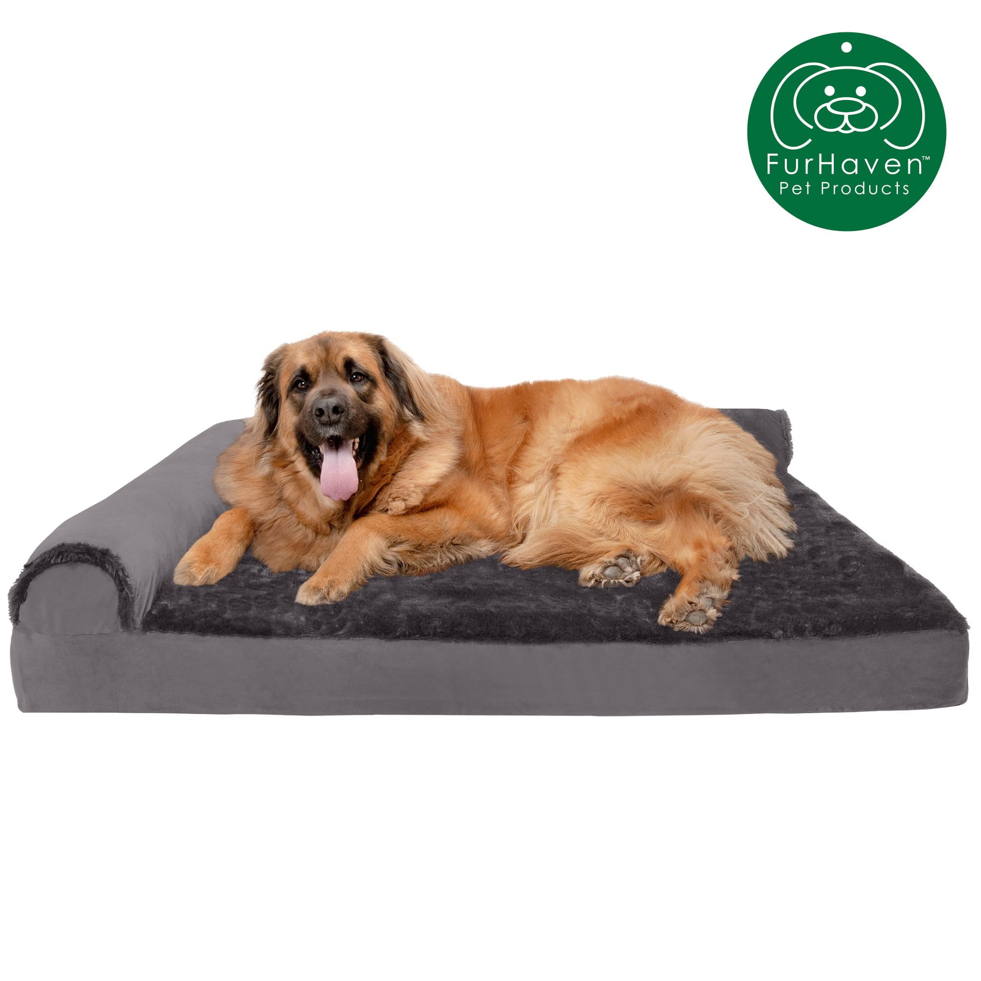 FurHaven Pet Products | Deluxe Orthopedic Plush and Velvet L-Shaped Chaise Couch Pet Bed for Dogs and Cats， Platinum Gray， Jumbo Plus