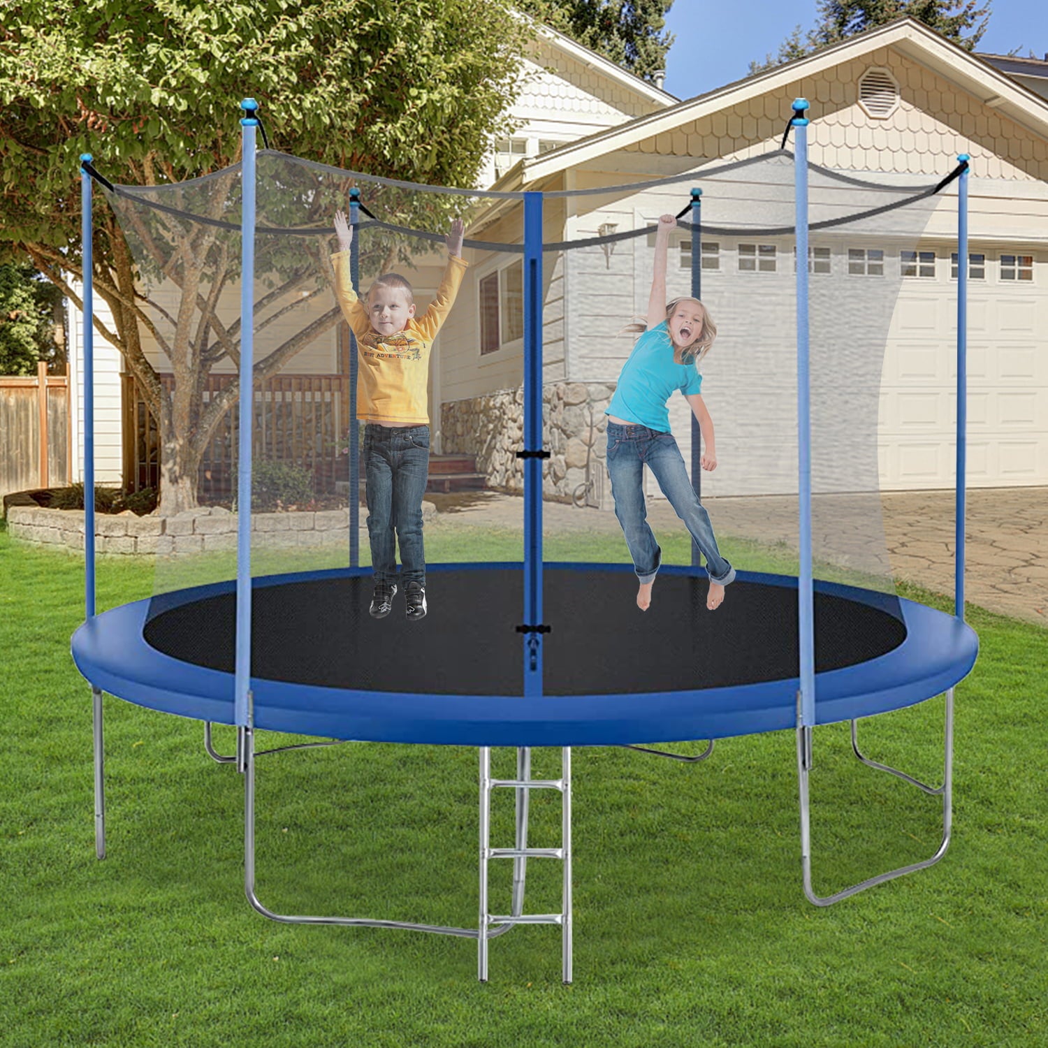 NiamVelo 12 ft Trampoline with Enclosure Net Outdoor Jump Rectangle Trampoline - ASTM Approved-Combo Bounce Exercise Trampoline PVC Spring Cover Padding for Kids and Adults， Blue