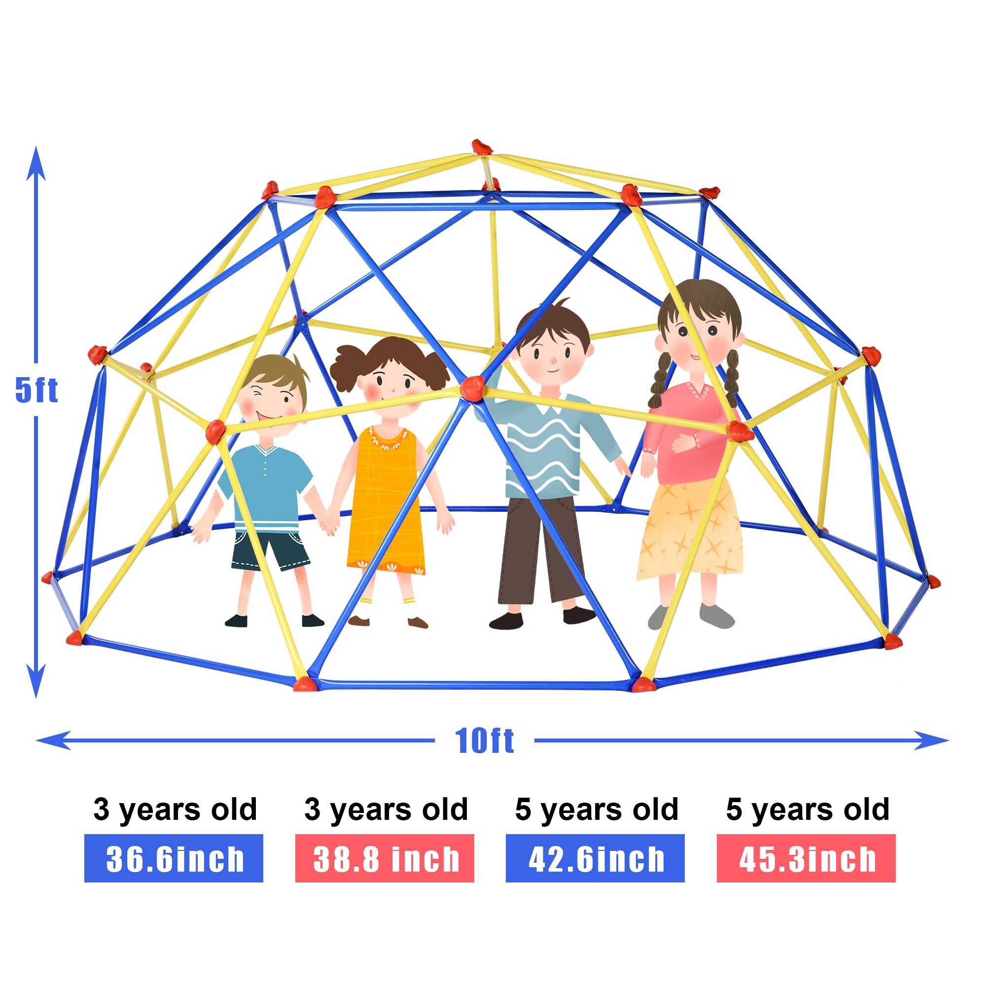 Metal Cover Geometric Playground Dome Climber Play Center 6 / 10 ft with Rust and UV Resistant Steel， Kids Climbing Dome Jungle Gym， Supporting 800 / 1000 LBS - Yellow / Blue