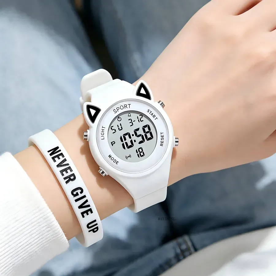LIUYANGTIAN 3D Cat-ear Women Watch with Bracelet Sports Electronic Watches for Girls and Boys Student Waterproof LED Digital Wristwatch Gift