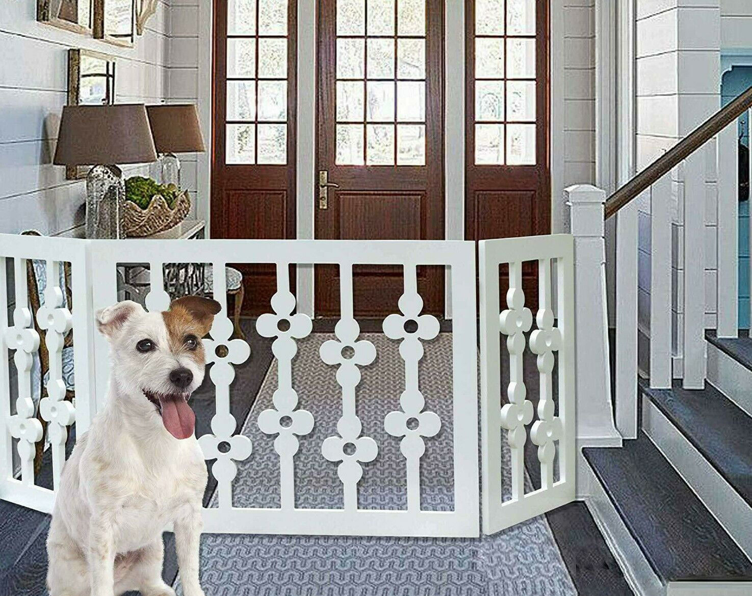White Floral Wood Pet Dog Gate Foldable Adjustable 3-Section Freestanding Extra Wide. Keeps Pets Safe Indoors/Outdoors - Fully Assembled