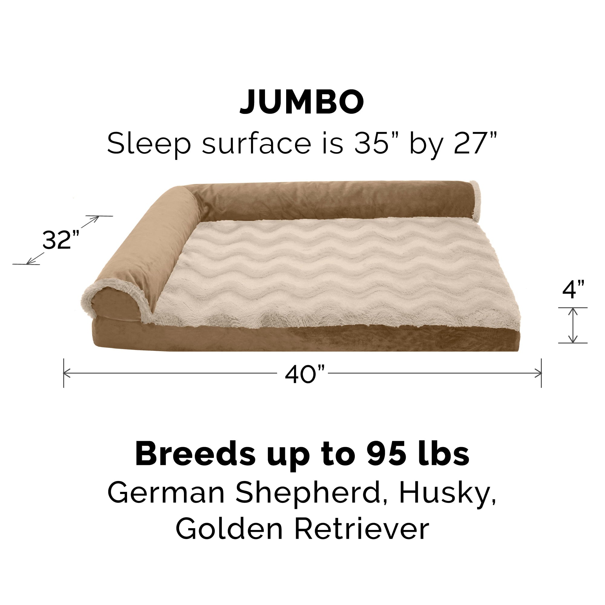 FurHaven | Deluxe Orthopedic Wave Fur and Velvet L-Chaise Lounge Pet Bed for Dogs and Cats， Brownstone， Jumbo